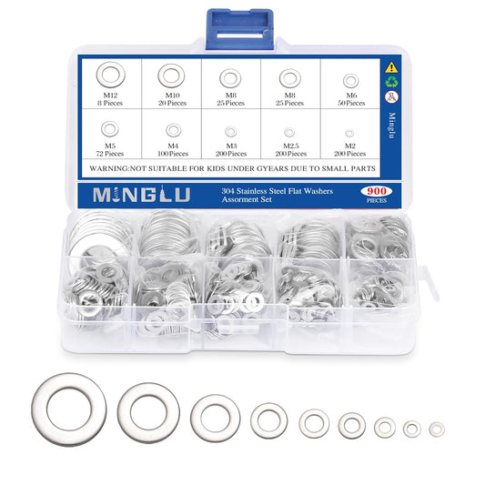 Assorted Stainless Steel Flat Washers Kit - 900 Pcs for Screws and Bolts (9 Sizes)