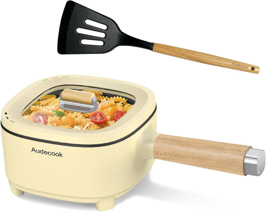 Audecook Portable Electric Hot Pot with Dual Power Control and Ceramic Glaze Non-Stick Frying Pan - 2L Capacity - Ideal for Ramen, Steak, Fried Rice, Oatmeal, and Soup - Includes Silicone Spatula