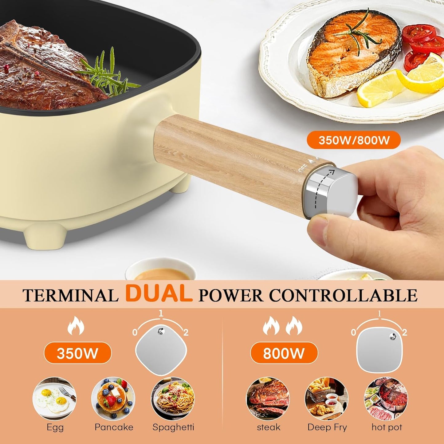 Audecook Portable Electric Hot Pot with Dual Power Control and Ceramic Glaze Non-Stick Frying Pan - 2L Capacity - Ideal for Ramen, Steak, Fried Rice, Oatmeal, and Soup - Includes Silicone Spatula