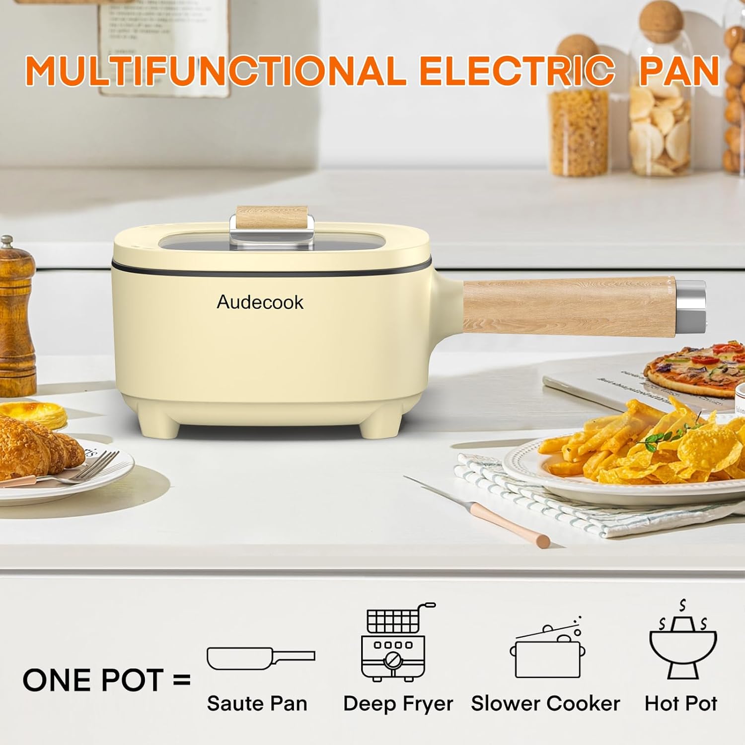 Audecook Portable Electric Hot Pot with Dual Power Control and Ceramic Glaze Non-Stick Frying Pan - 2L Capacity - Ideal for Ramen, Steak, Fried Rice, Oatmeal, and Soup - Includes Silicone Spatula
