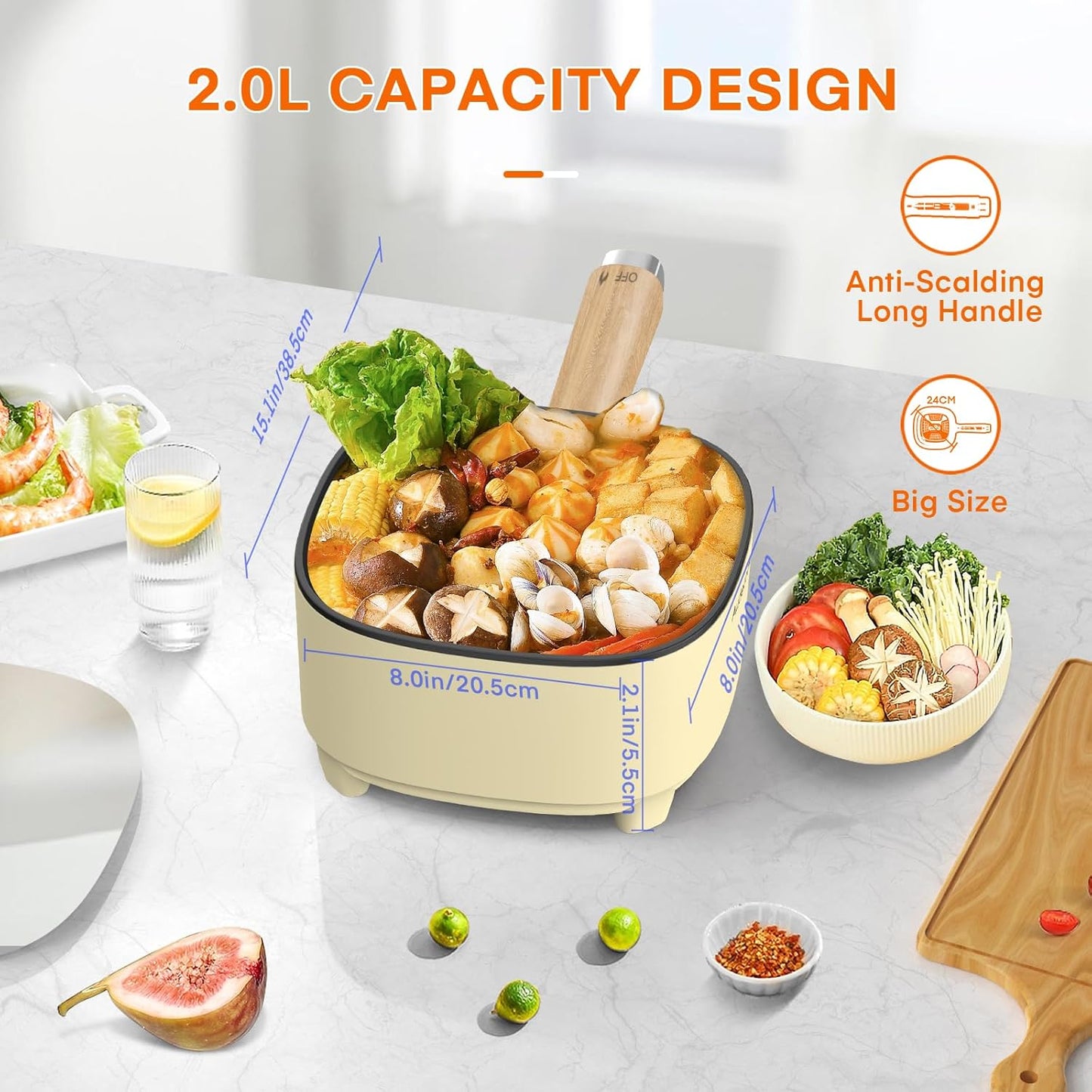 Audecook Portable Electric Hot Pot with Dual Power Control and Ceramic Glaze Non-Stick Frying Pan - 2L Capacity - Ideal for Ramen, Steak, Fried Rice, Oatmeal, and Soup - Includes Silicone Spatula