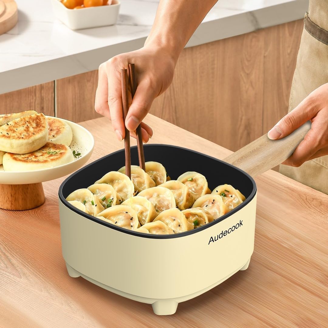Audecook Portable Electric Hot Pot with Dual Power Control and Ceramic Glaze Non-Stick Frying Pan - 2L Capacity - Ideal for Ramen, Steak, Fried Rice, Oatmeal, and Soup - Includes Silicone Spatula