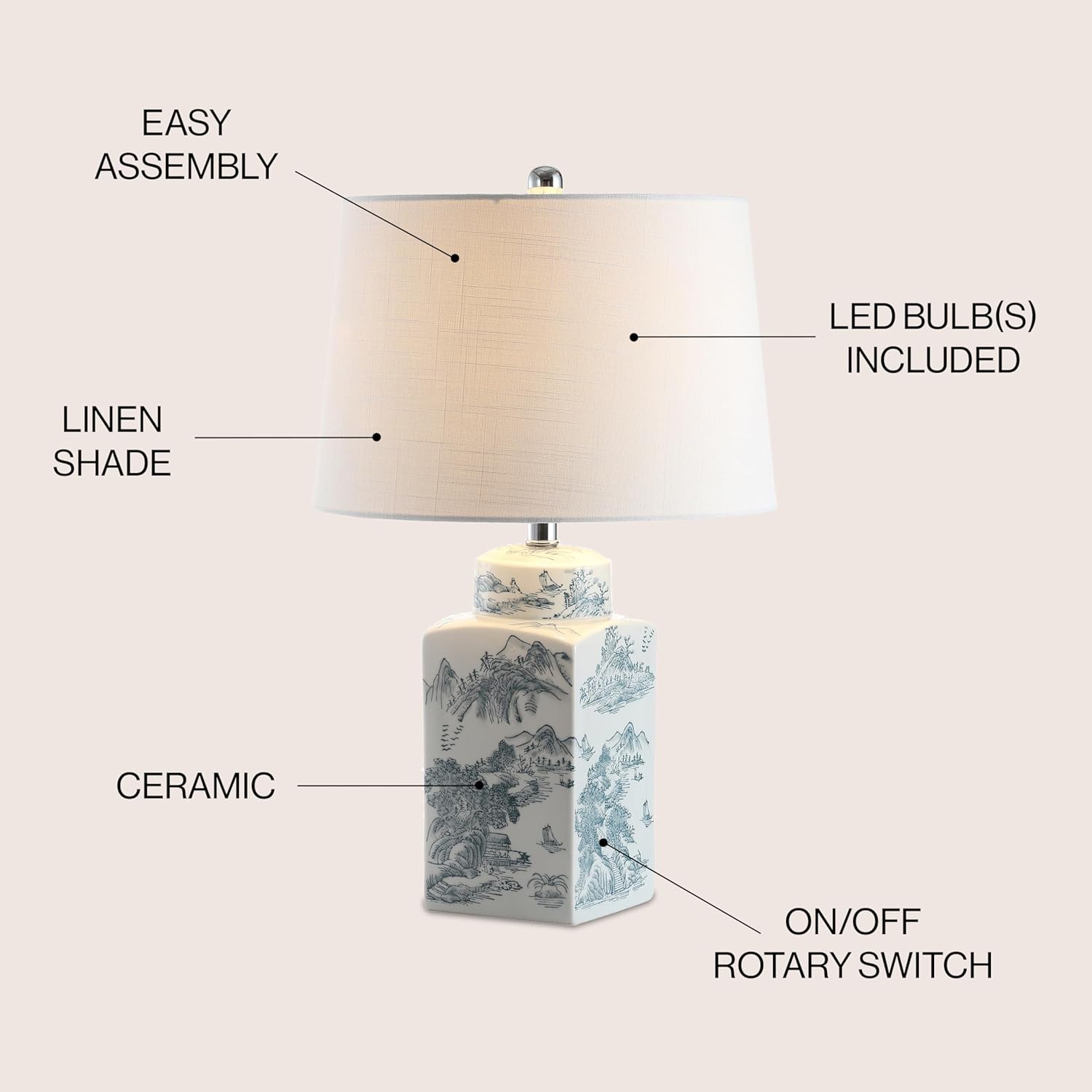 Audrey 24.5" Chinoiserie LED Table Lamp in Blue/White for Bedroom, Living Room, Office - Includes LED Bulb