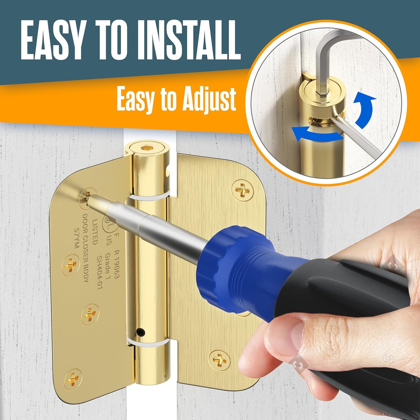 Auto Close Spring Door Hinges, 4 Inch, Brass Finish, 2 Pack, Adjustable Self Closing Hinges