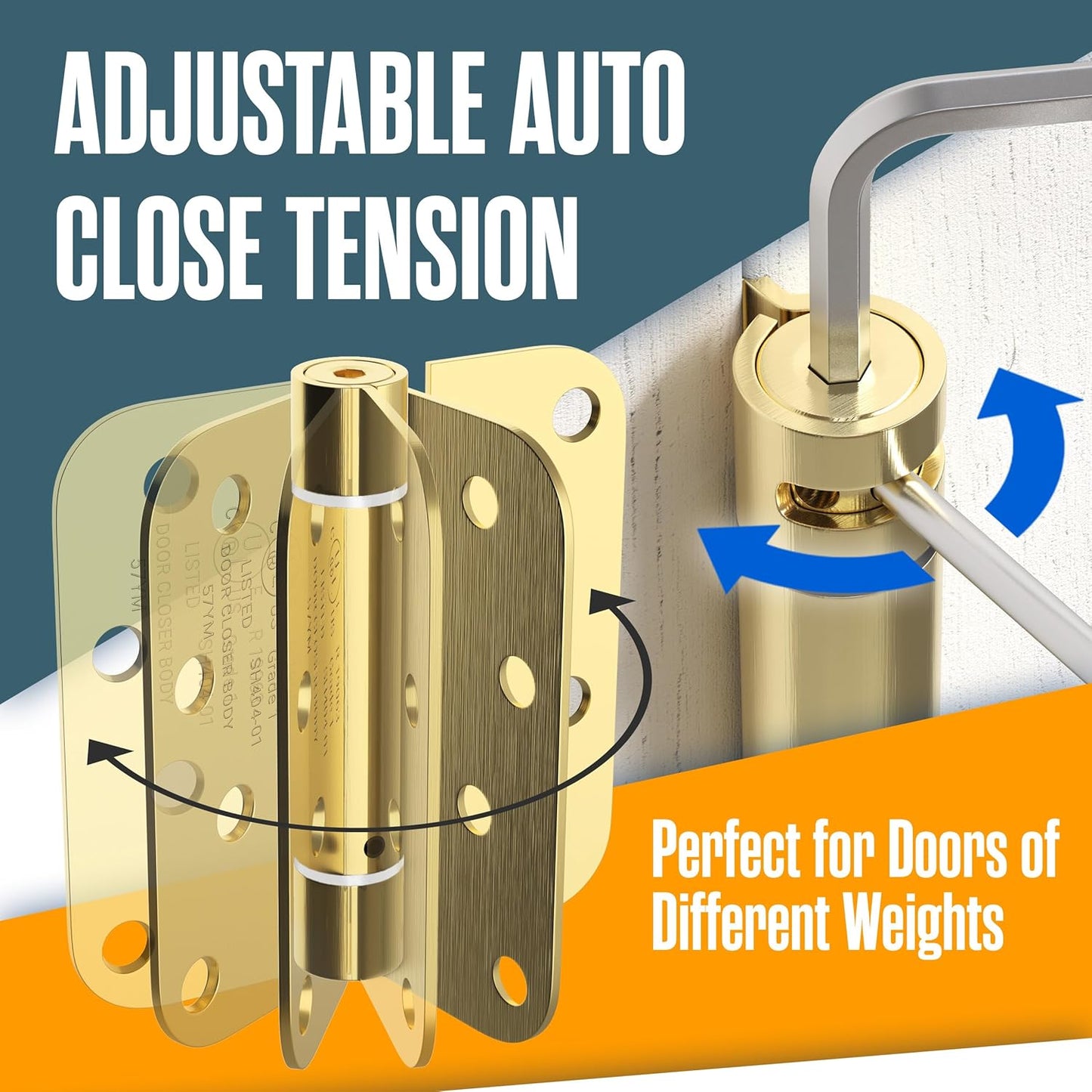 Auto Close Spring Door Hinges, 4 Inch, Brass Finish, 2 Pack, Adjustable Self Closing Hinges