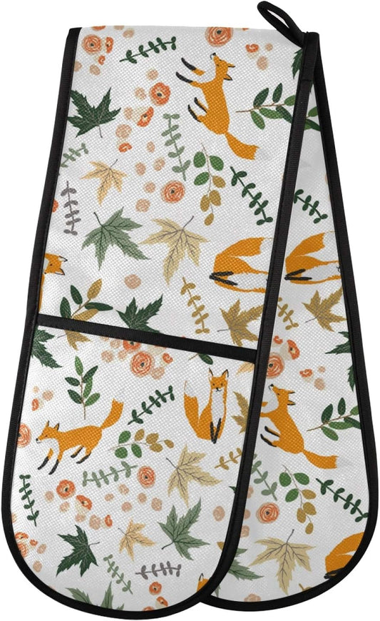 AUUXVA Cute Fox Flower Leaves Long Double Oven Mitt - Heat Resistant Quilted Glove for Baking, Cooking, Grilling - Christmas Design - Washable