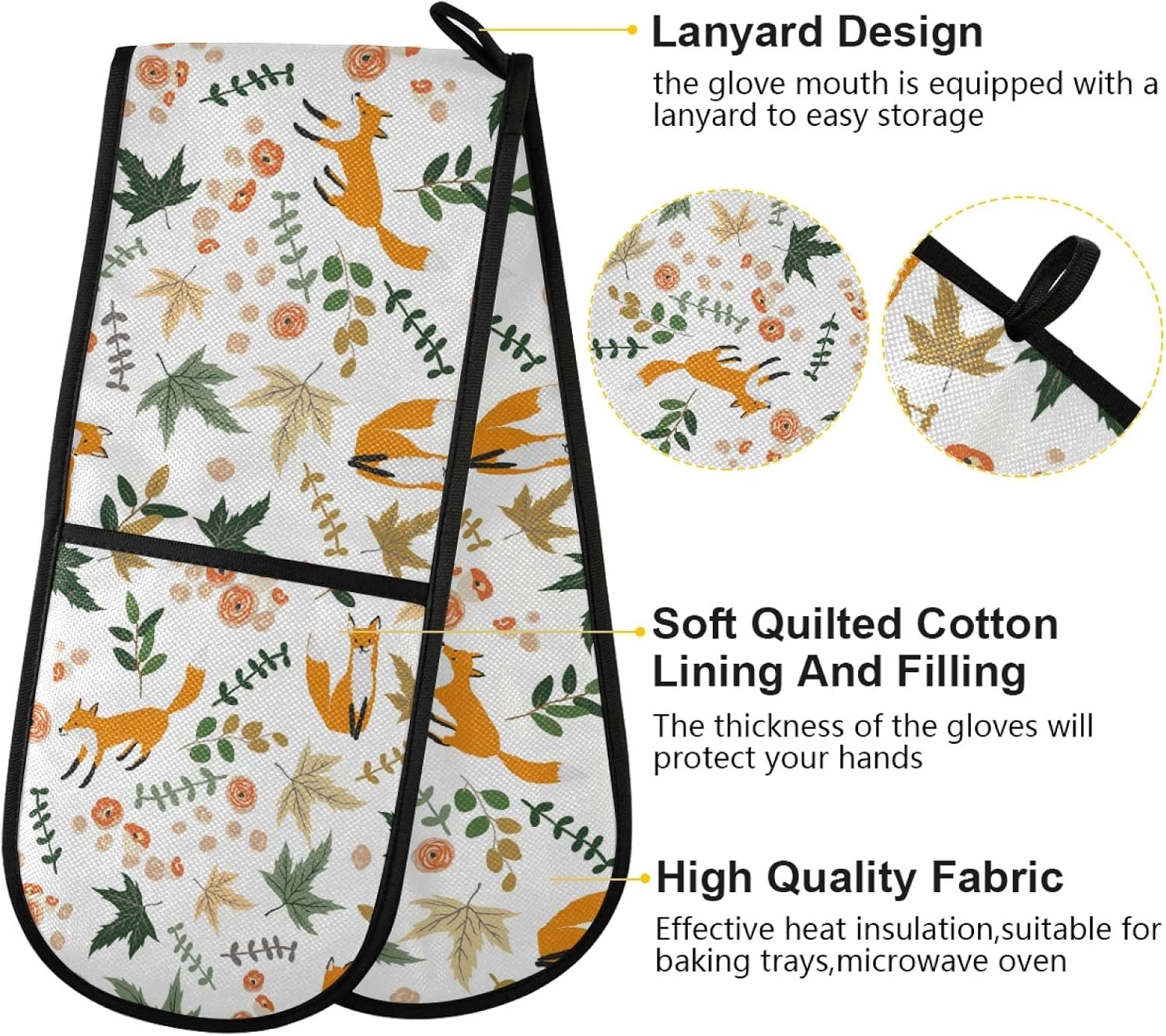 AUUXVA Cute Fox Flower Leaves Long Double Oven Mitt - Heat Resistant Quilted Glove for Baking, Cooking, Grilling - Christmas Design - Washable