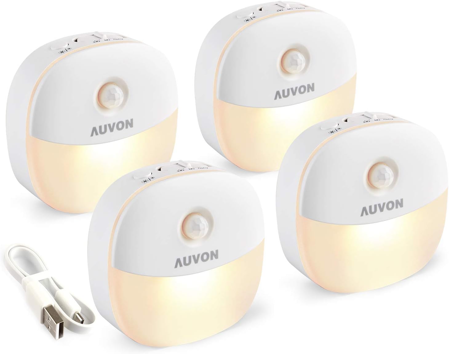 AUVON Rechargeable Mini Motion Sensor Night Light (4 Pack) - 2nd Gen Warm White LED Stick-On Closet Light with Dusk to Dawn Sensor - Adjustable Brightness for Wall, Stairs, Cabinet, Hallway