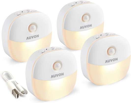 AUVON Rechargeable Mini Motion Sensor Night Light (4 Pack) - 2nd Gen Warm White LED Stick-On Closet Light with Dusk to Dawn Sensor - Adjustable Brightness for Wall, Stairs, Cabinet, Hallway