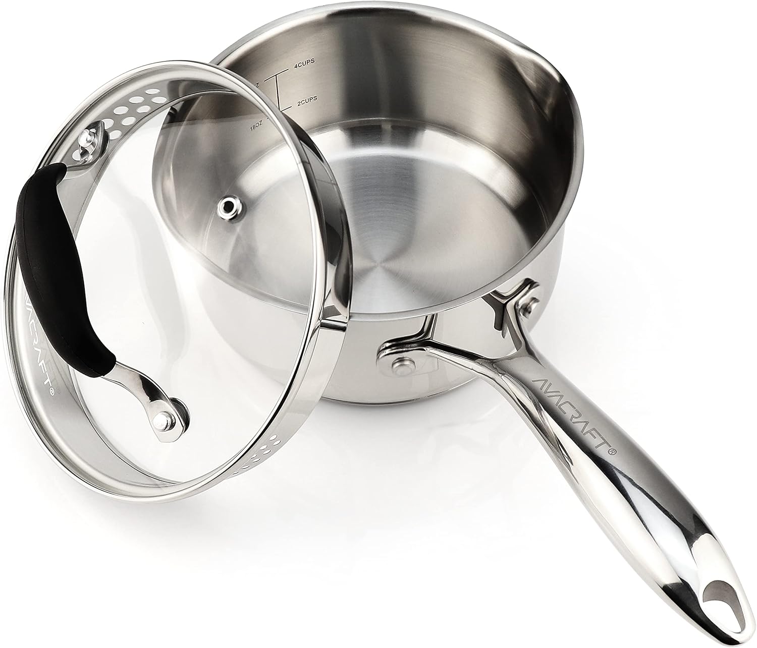 AVACRAFT Stainless Steel Sauce Pan with Glass Lid and Two Side Spouts, Ergonomic Handle, 1.5 Quart
