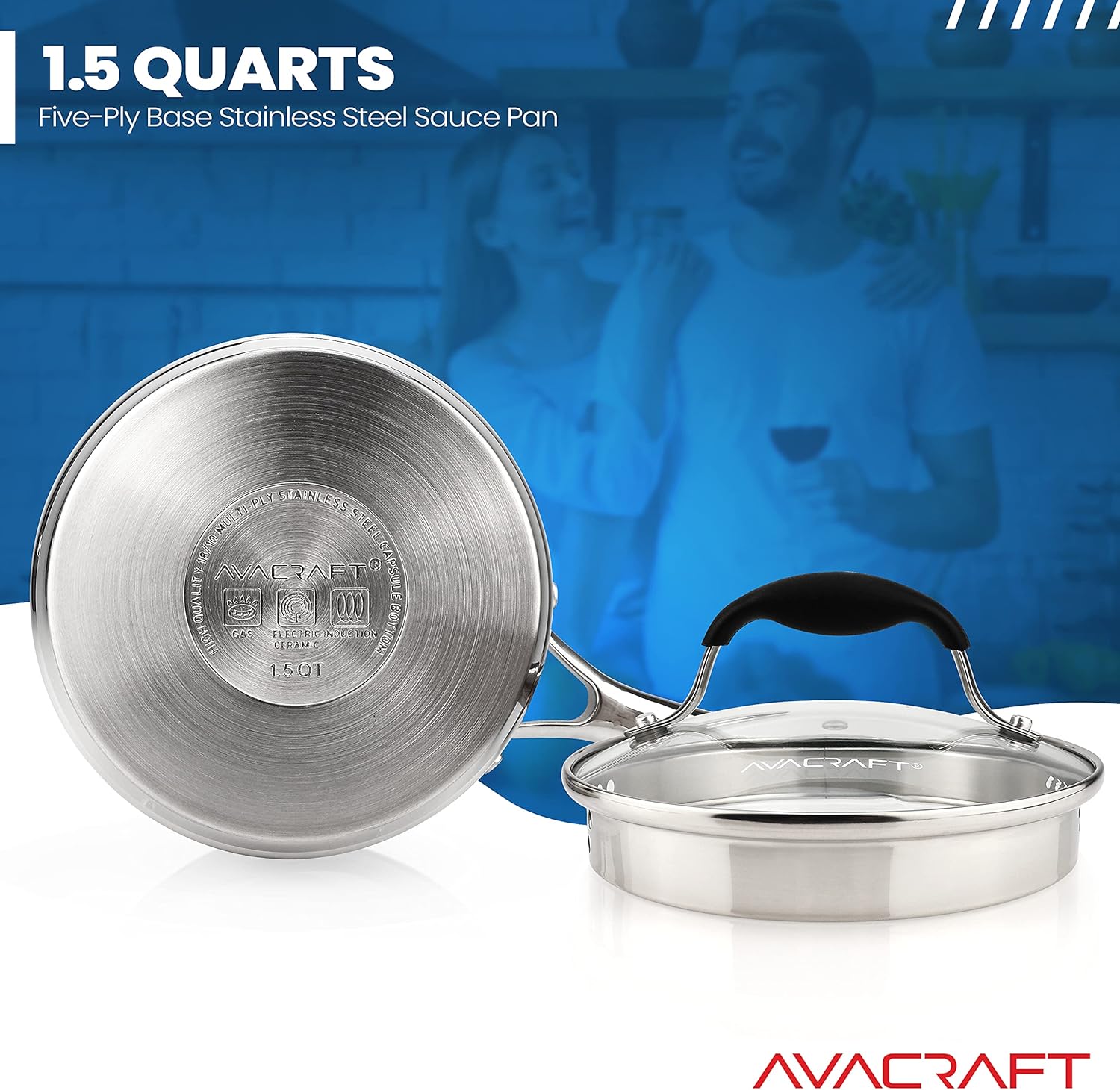 AVACRAFT Stainless Steel Sauce Pan with Glass Lid and Two Side Spouts, Ergonomic Handle, 1.5 Quart