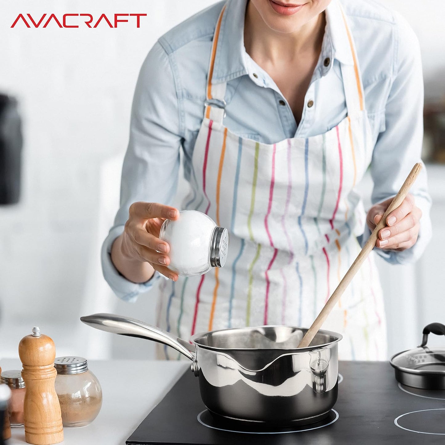 AVACRAFT Stainless Steel Sauce Pan with Glass Lid and Two Side Spouts, Ergonomic Handle, 1.5 Quart