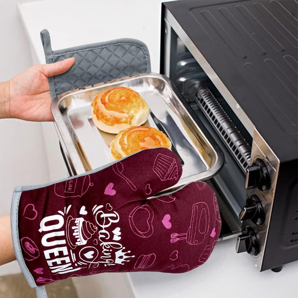 Baking Queen Oven Mitts and Pot Holders Set - Kitchen Gift for Women, Friend Birthday Gift - Ideal Gifts for Bakers Mom, Wife, Girlfriend, Grandma