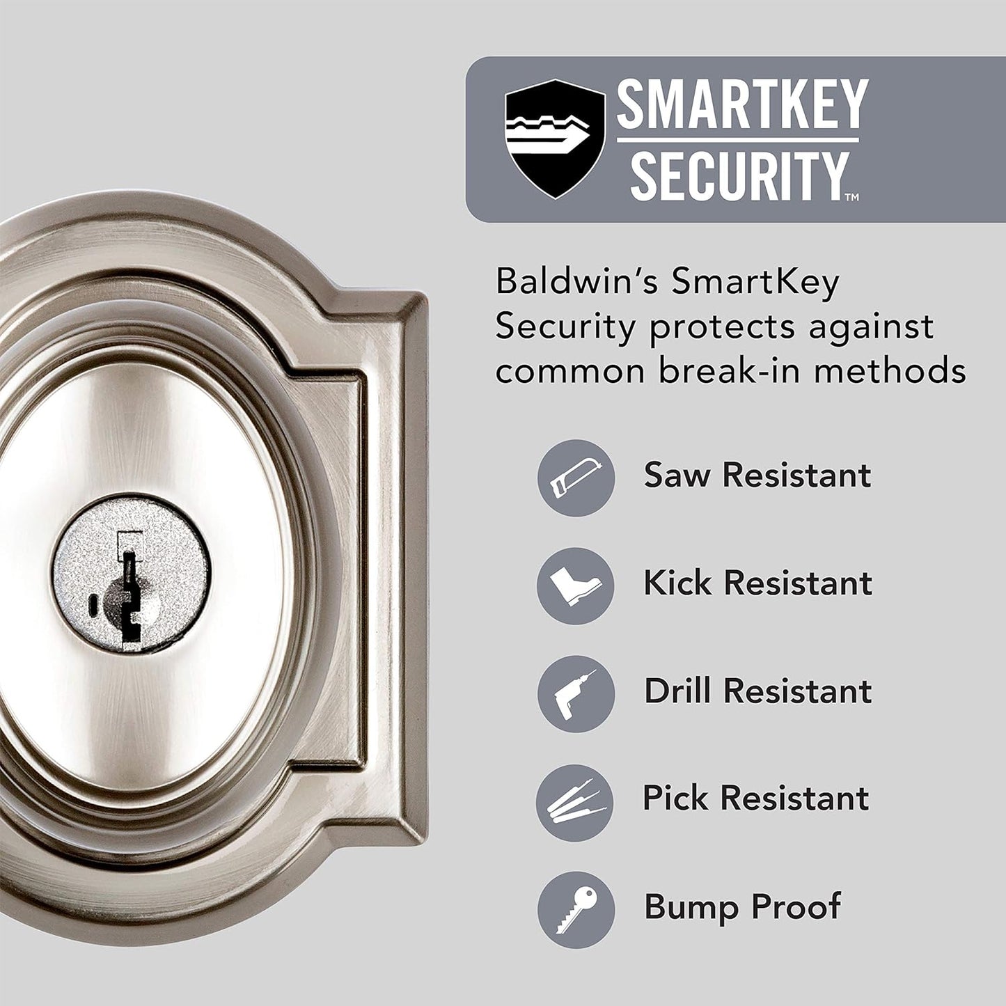 Baldwin Carnaby Entry Door Knob Handle with SmartKey Re-key Technology & Microban Protection - Satin Nickel