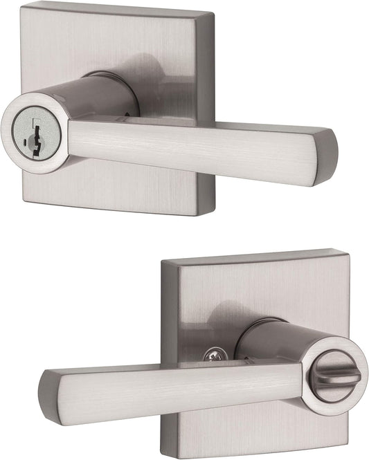 Baldwin Spyglass Satin Nickel Entry Door Handle with Reversible Lever, Keyed Lock, SmartKey Re-key Tech, and Microban Protection