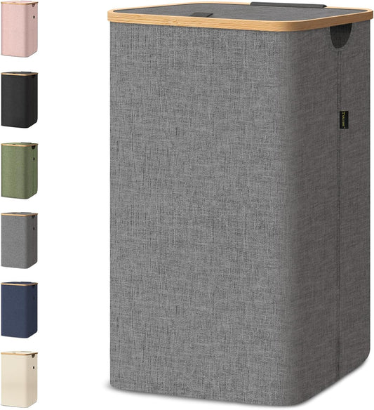 BALEINE Tall Laundry Hamper with Bamboo Handles and Lid, Large 26 Gal/100L Grey Laundry Bin