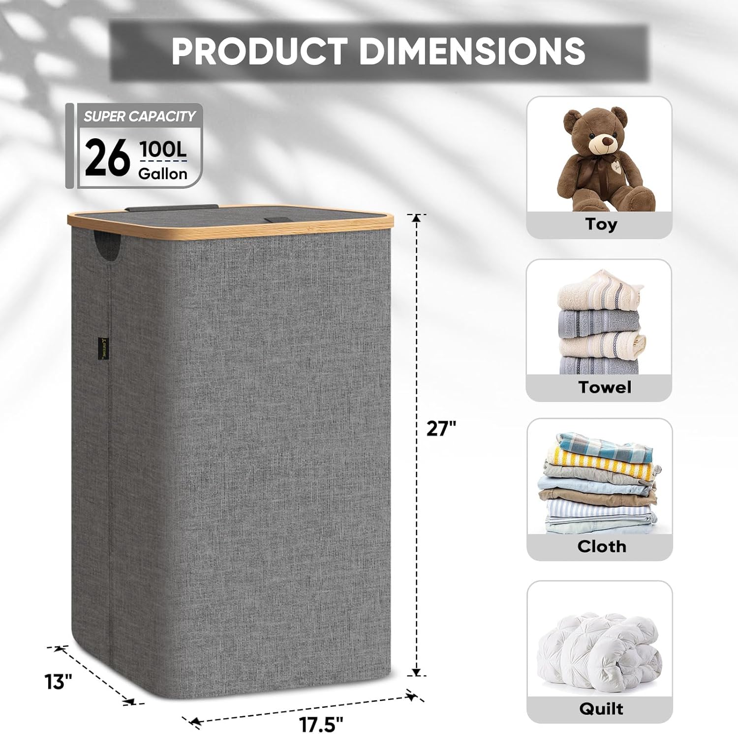 BALEINE Tall Laundry Hamper with Bamboo Handles and Lid, Large 26 Gal/100L Grey Laundry Bin