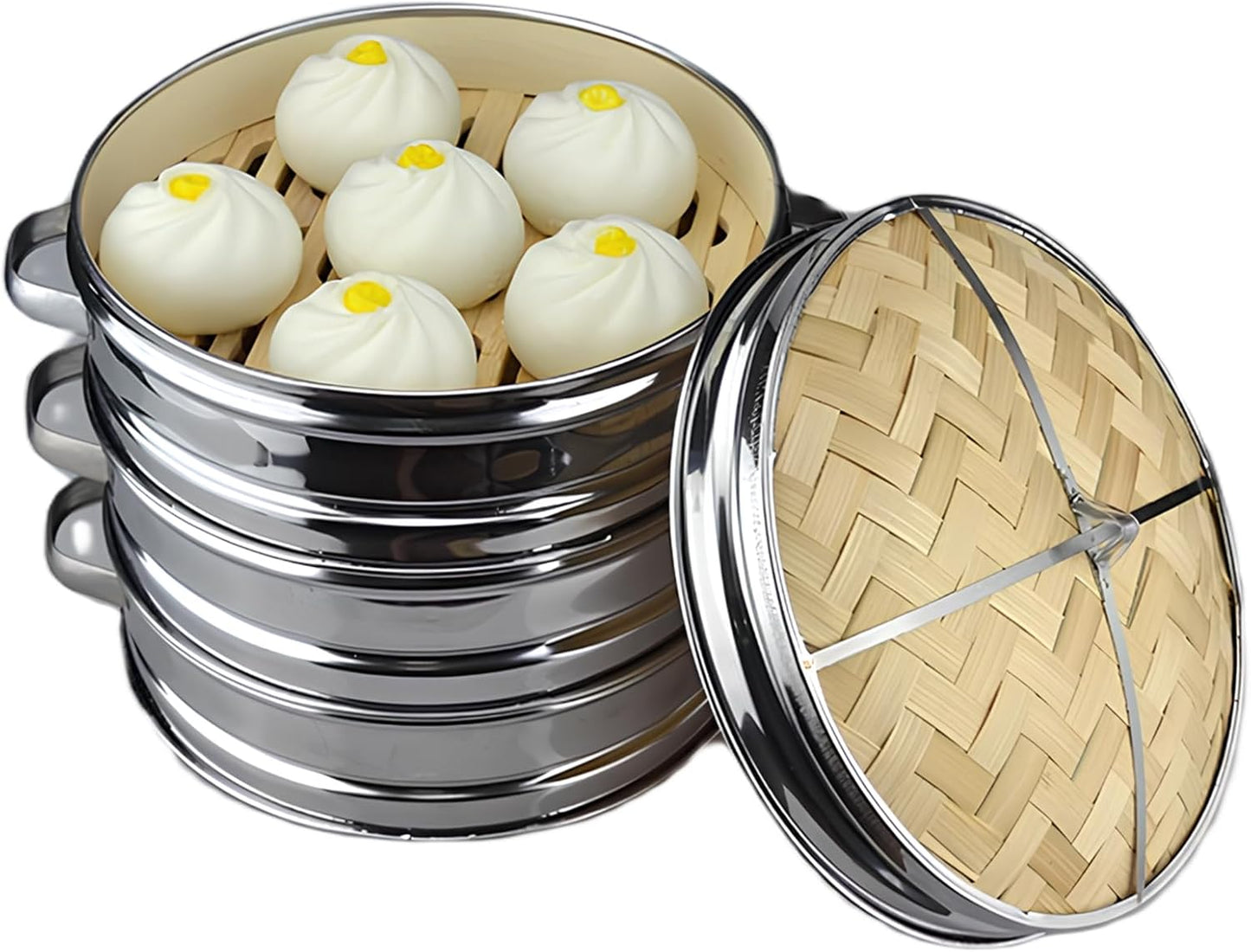 Bamboo Dim Sum Steamer Set for Cooking Pot with Steel Grid, 22cm