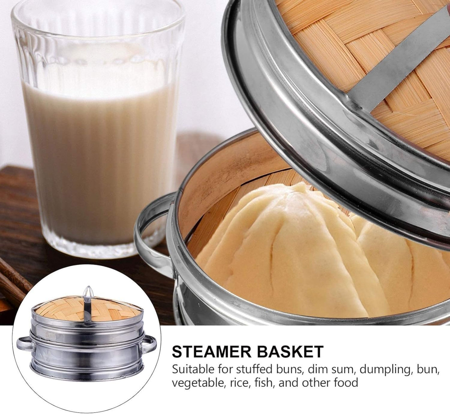 Bamboo Dim Sum Steamer Set for Cooking Pot with Steel Grid, 22cm