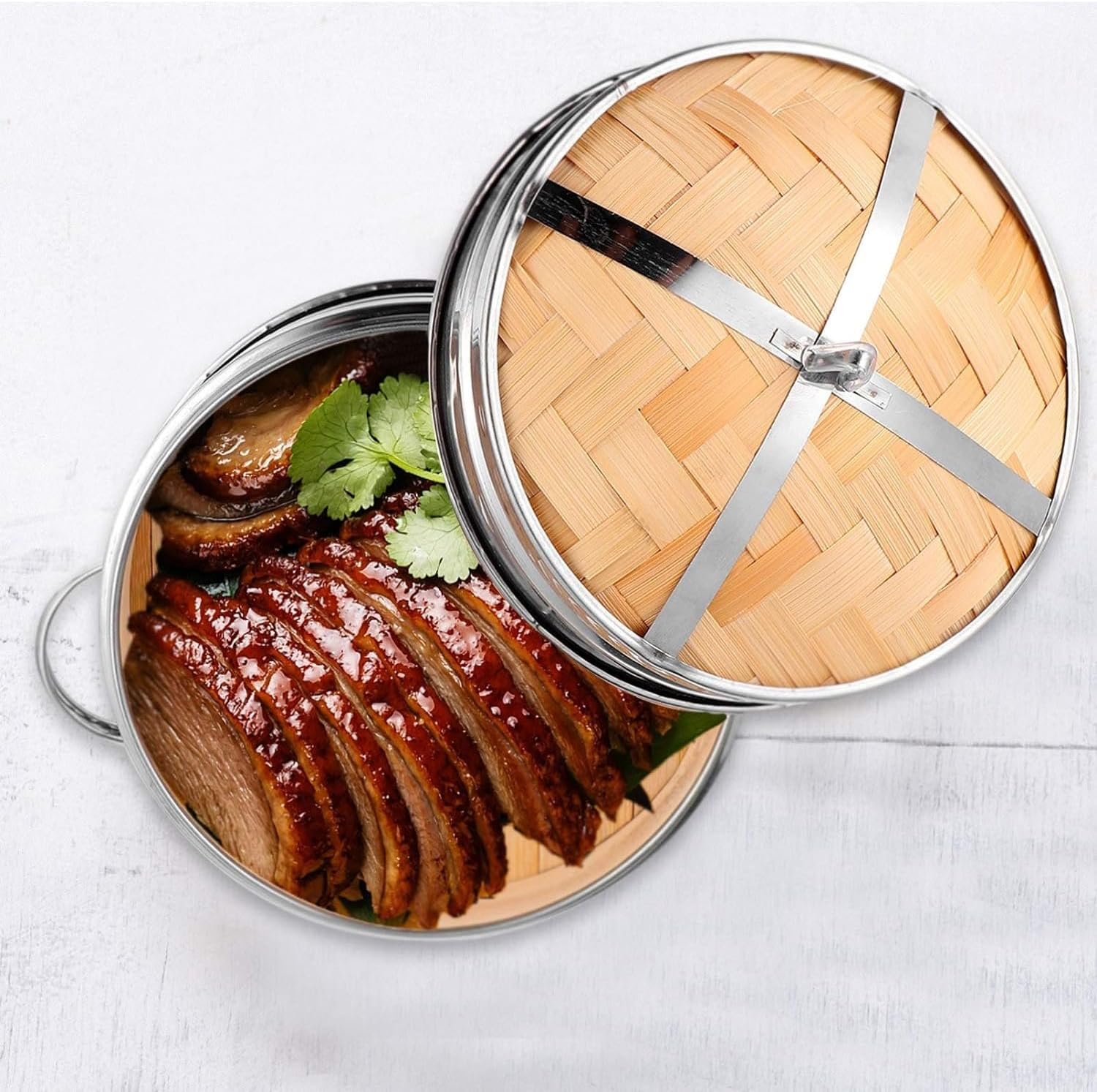 Bamboo Dim Sum Steamer Set for Cooking Pot with Steel Grid, 22cm