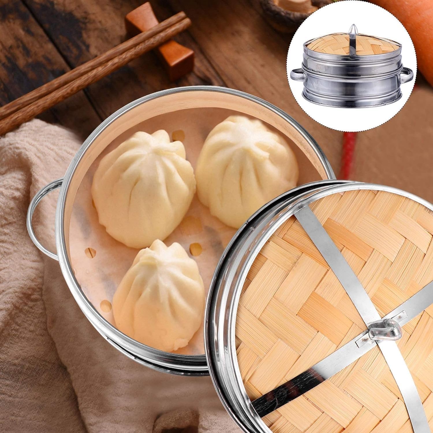 Bamboo Dim Sum Steamer Set for Cooking Pot with Steel Grid, 22cm