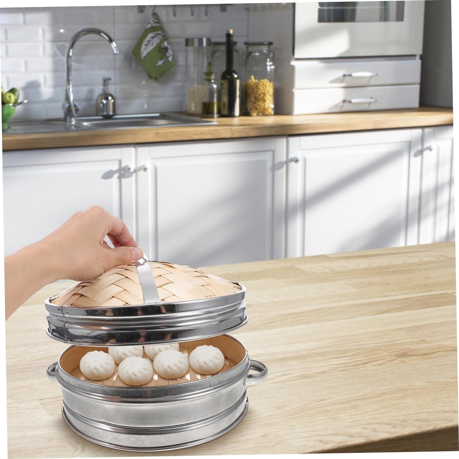 Bamboo Dim Sum Steamer Set for Cooking Pot with Steel Grid, 22cm