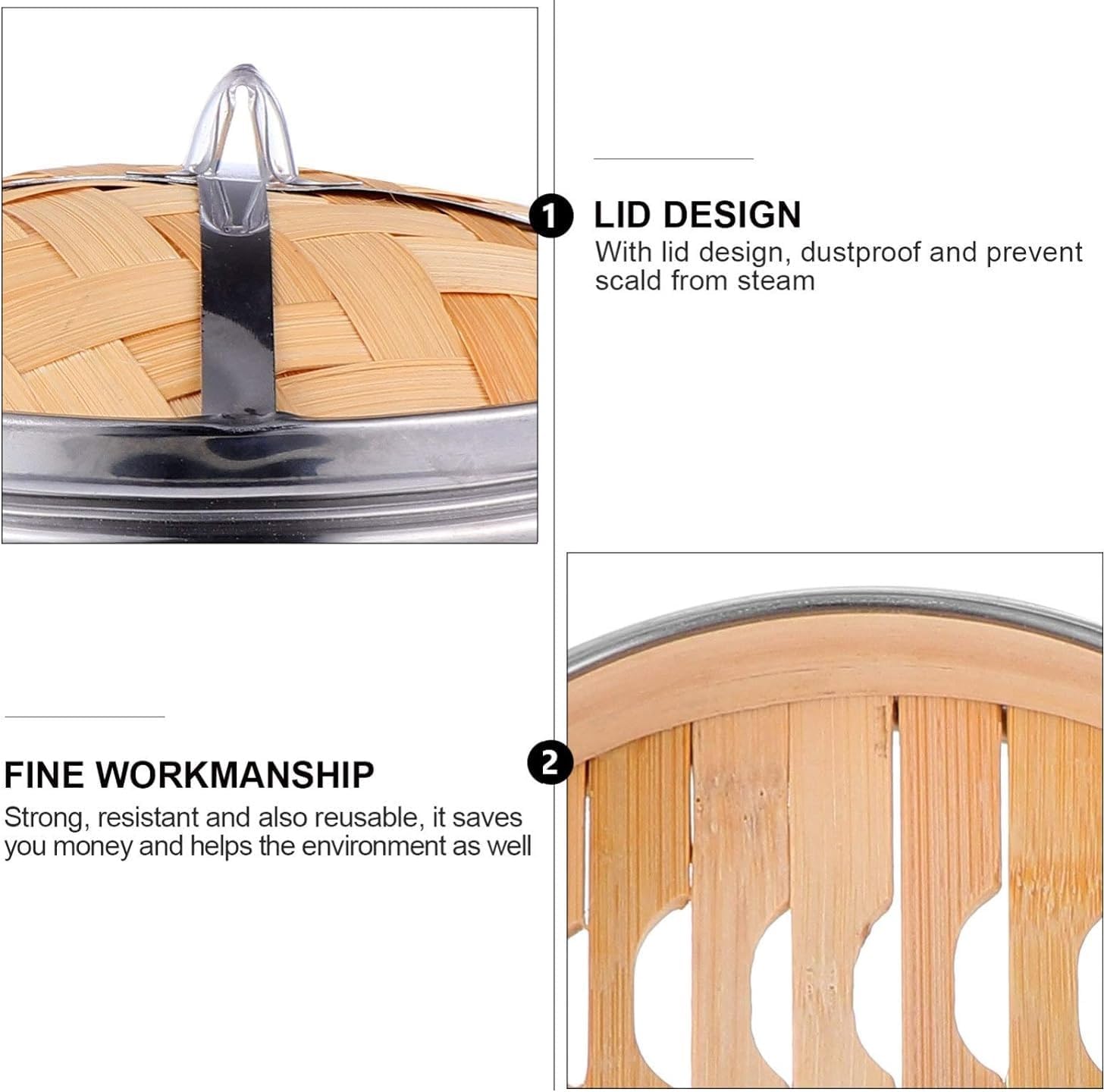 Bamboo Dim Sum Steamer Set for Cooking Pot with Steel Grid, 22cm