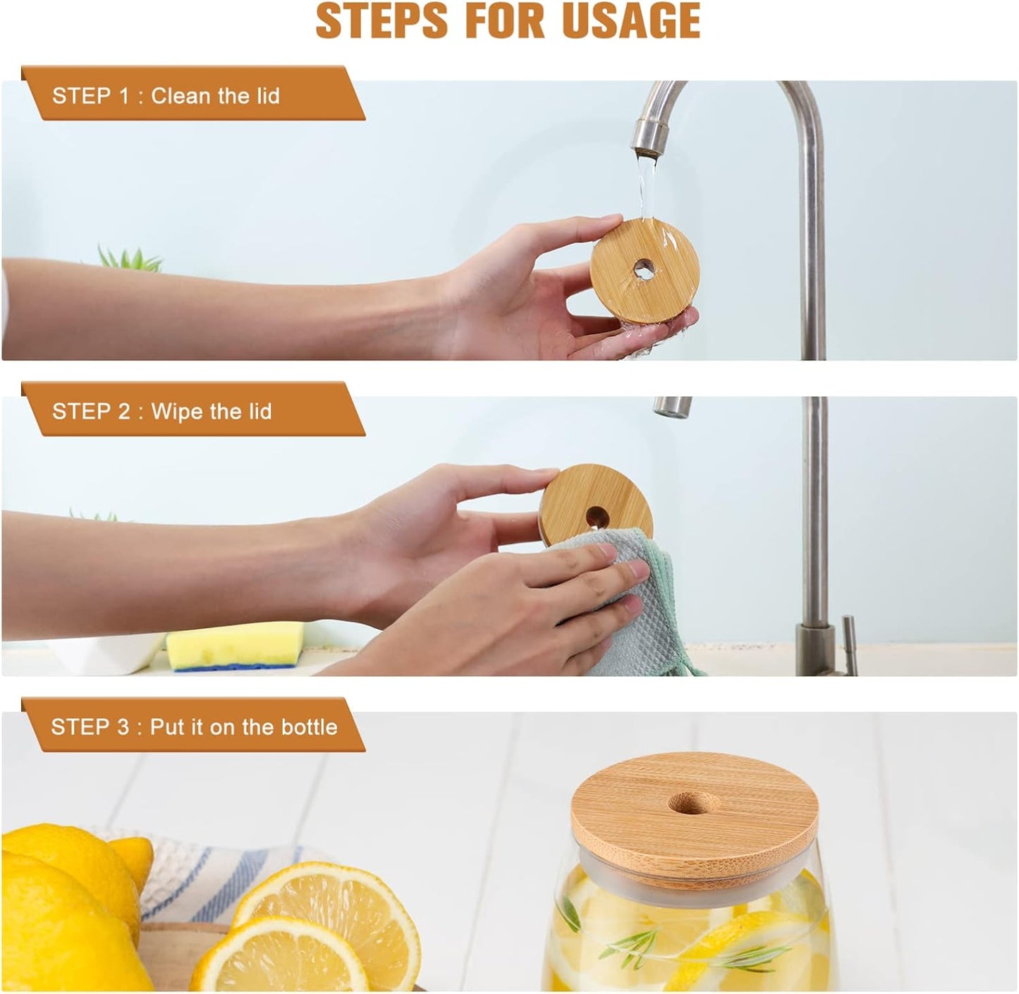 Bamboo Lid Sealing Covers for Glass Jars and Bottles - Set of 2 or 8 Pieces