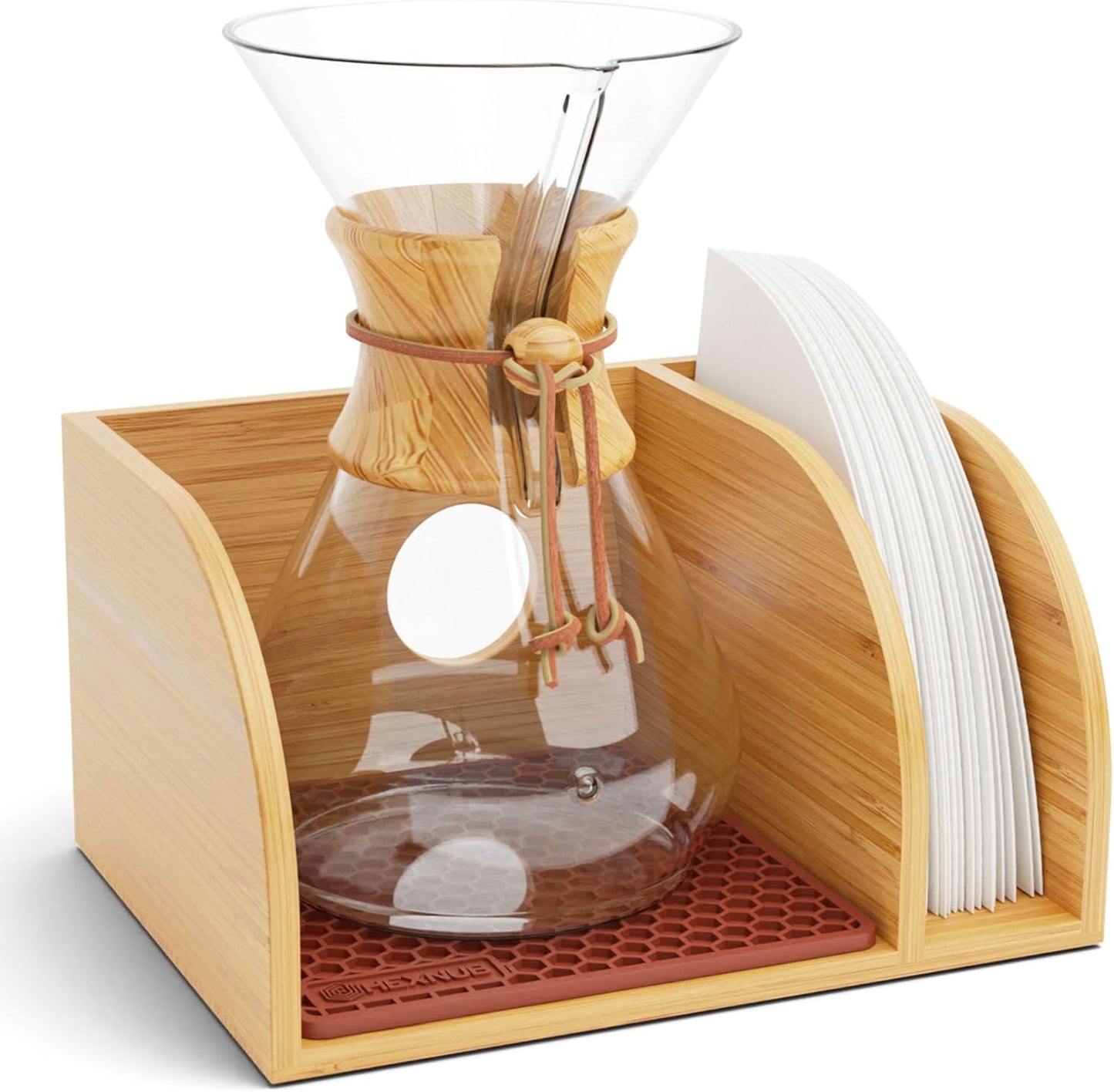 Bamboo Pour Over Coffee Maker Stand with Heatproof Mat and Filter Holder - Brown Hexnub Caddy for Chemex, Bodum, Cosori Carafes