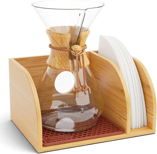 Bamboo Pour Over Coffee Maker Stand with Heatproof Mat and Filter Holder - Brown Hexnub Caddy for Chemex, Bodum, Cosori Carafes