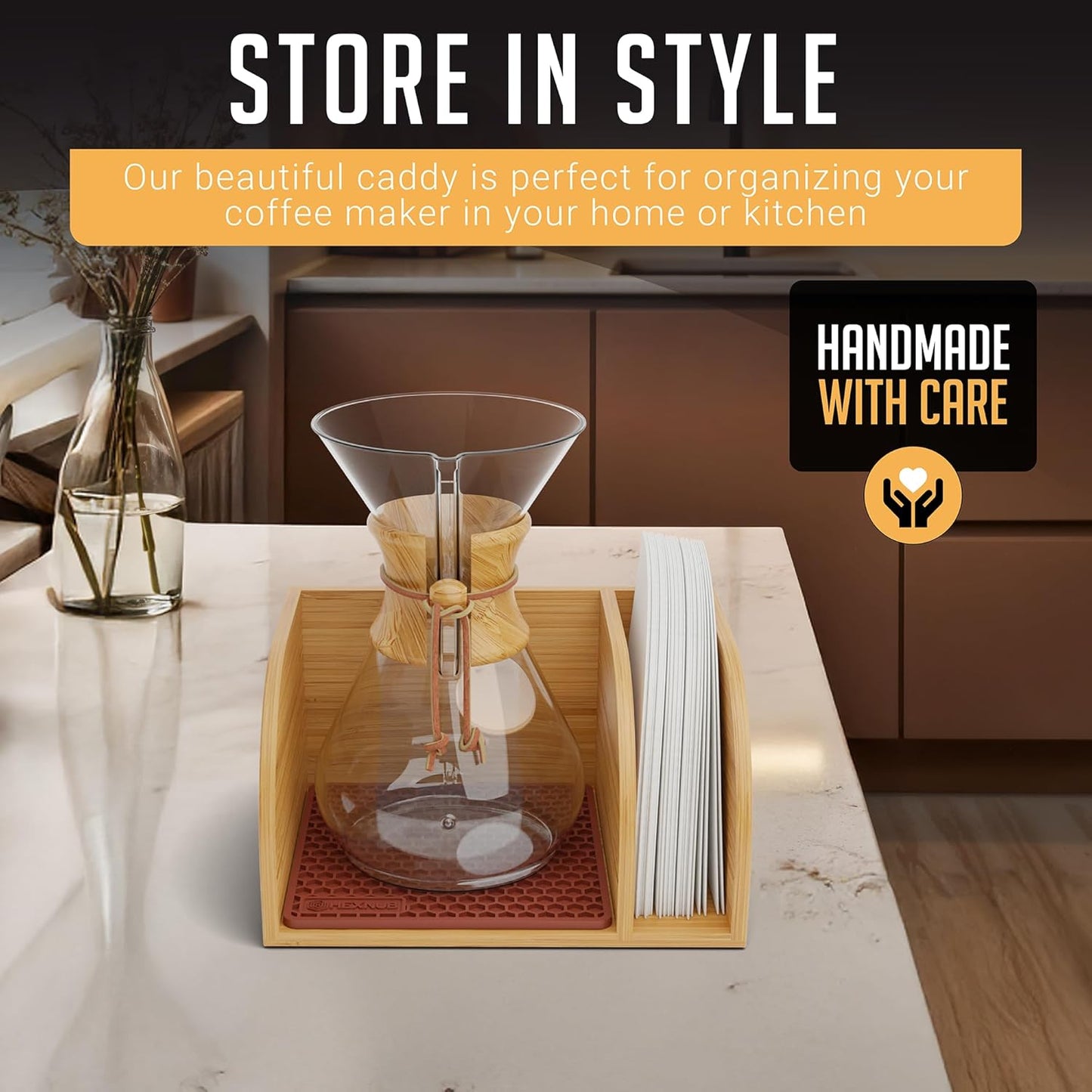 Bamboo Pour Over Coffee Maker Stand with Heatproof Mat and Filter Holder - Brown Hexnub Caddy for Chemex, Bodum, Cosori Carafes