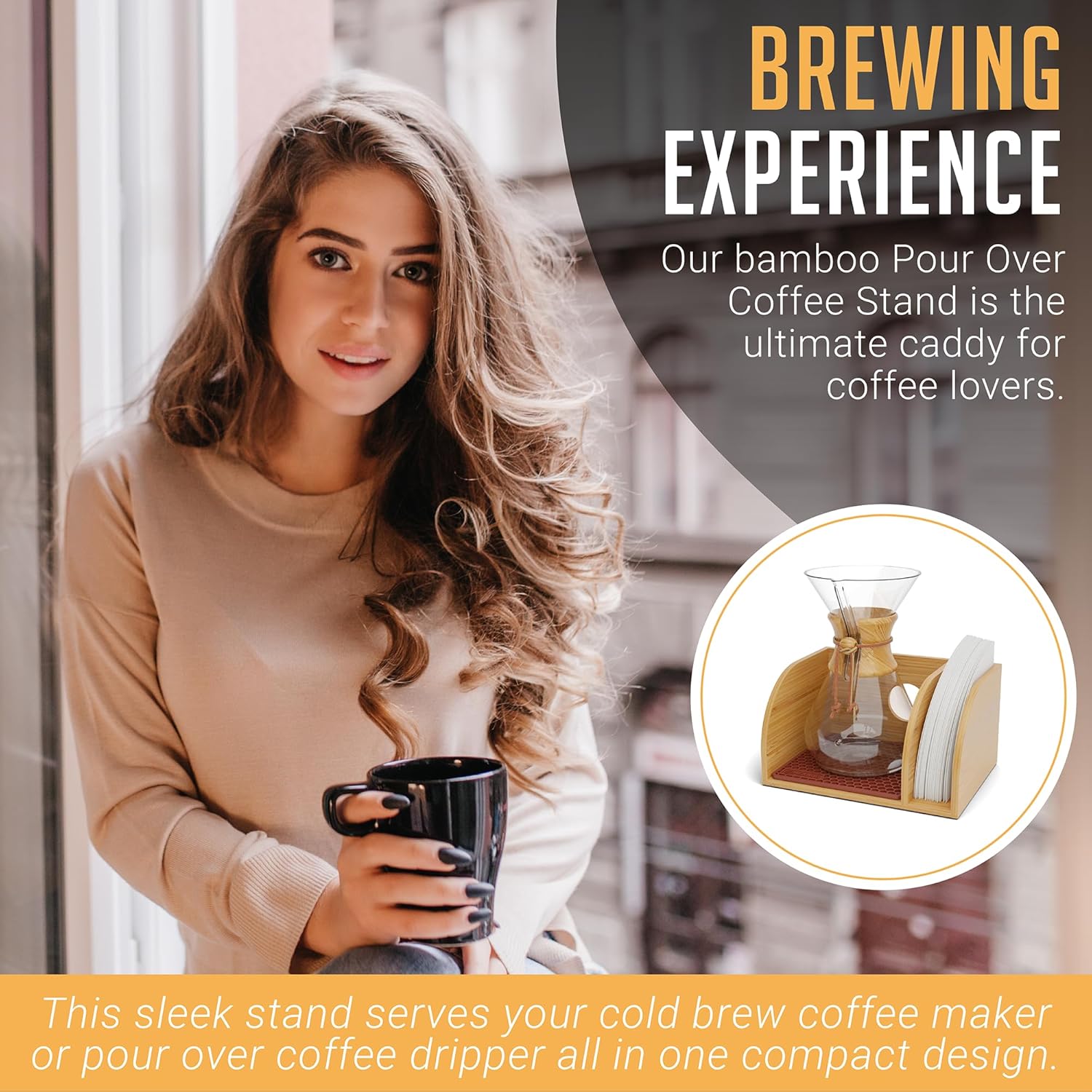 Bamboo Pour Over Coffee Maker Stand with Heatproof Mat and Filter Holder - Brown Hexnub Caddy for Chemex, Bodum, Cosori Carafes