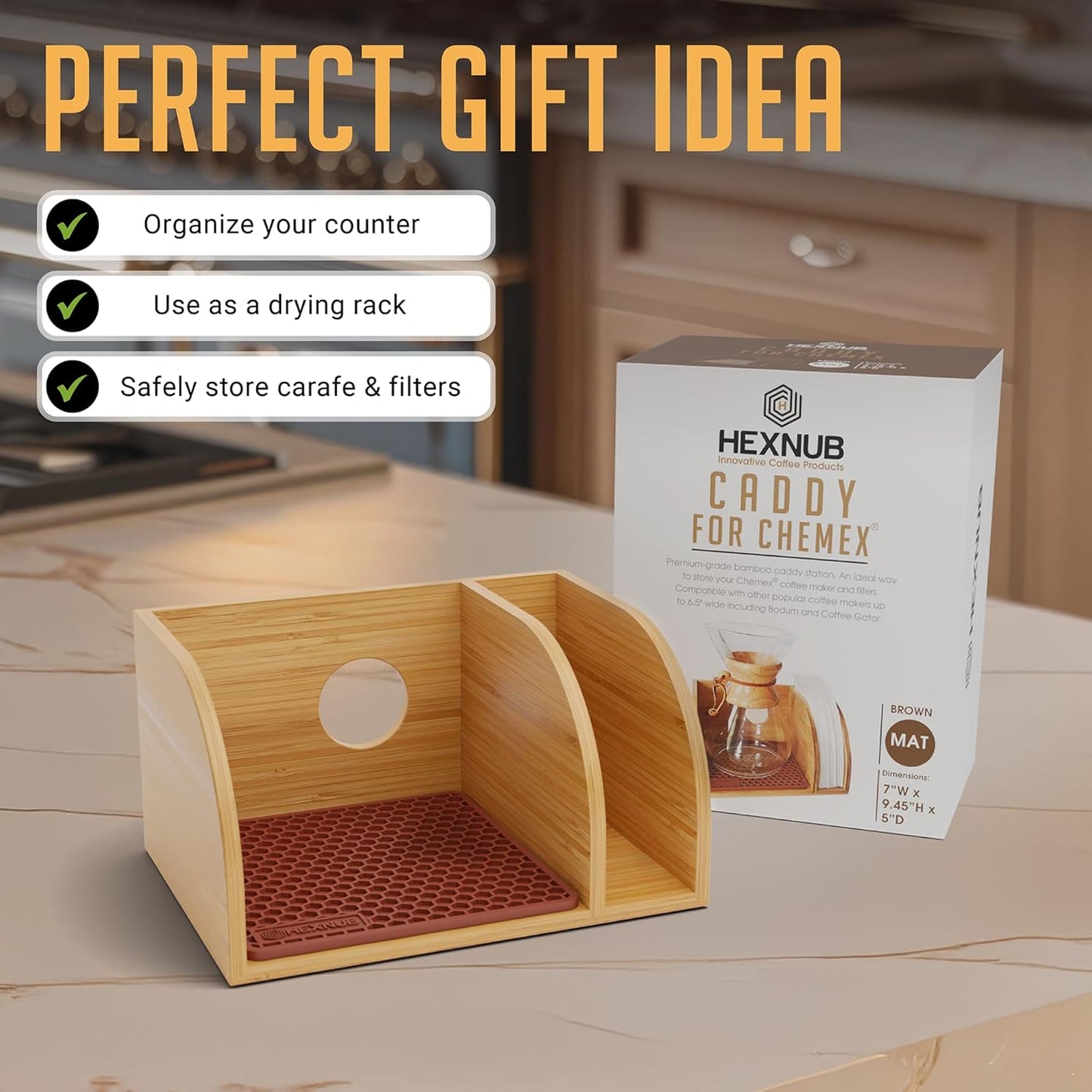 Bamboo Pour Over Coffee Maker Stand with Heatproof Mat and Filter Holder - Brown Hexnub Caddy for Chemex, Bodum, Cosori Carafes