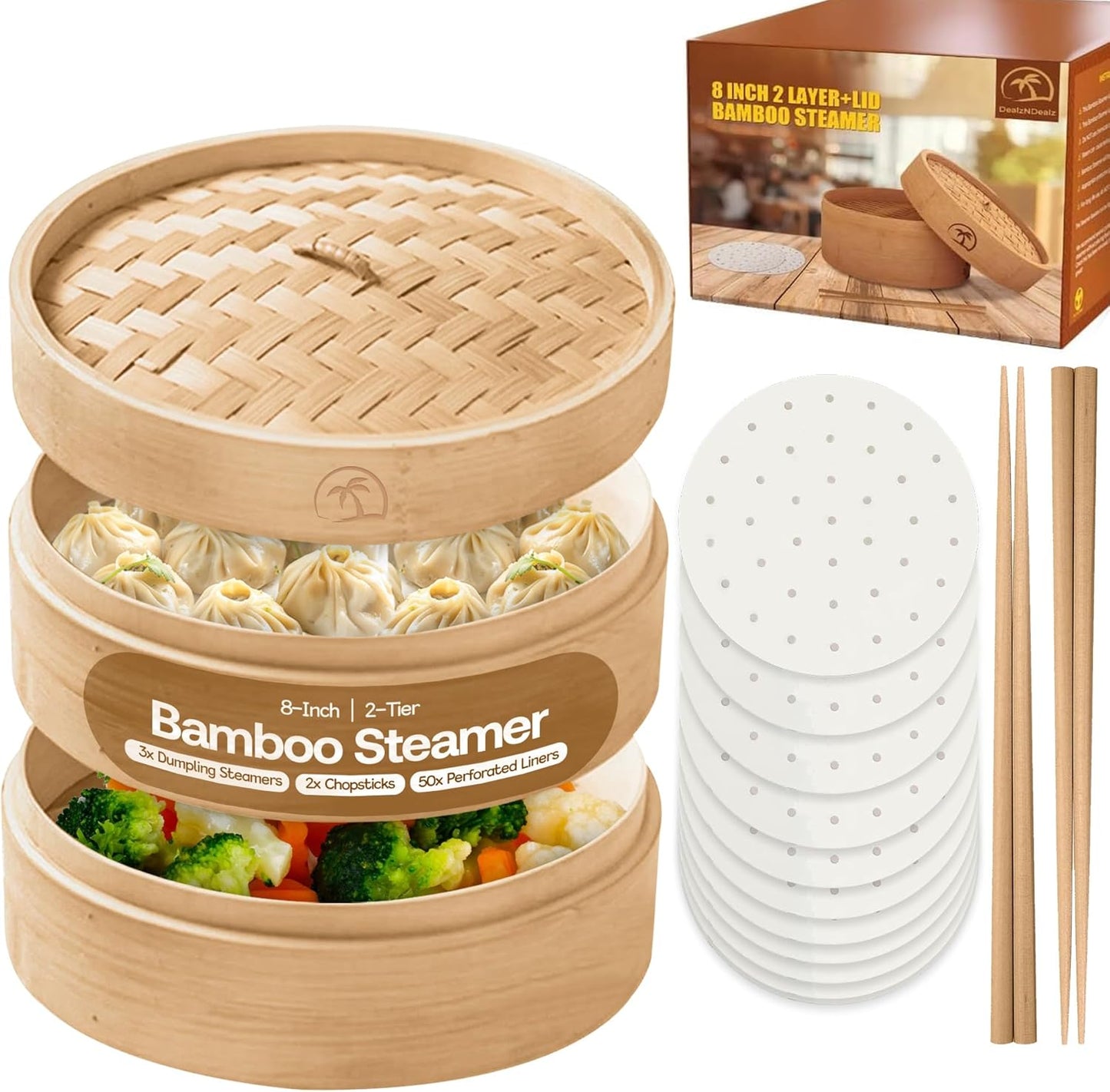 Bamboo Steamer Set with 2 Tiers, 8-inch Basket, Lid, Dumpling Steamer, Chopsticks, Perforated Liners - Easy to Clean for Cooking Rice/Vegetables