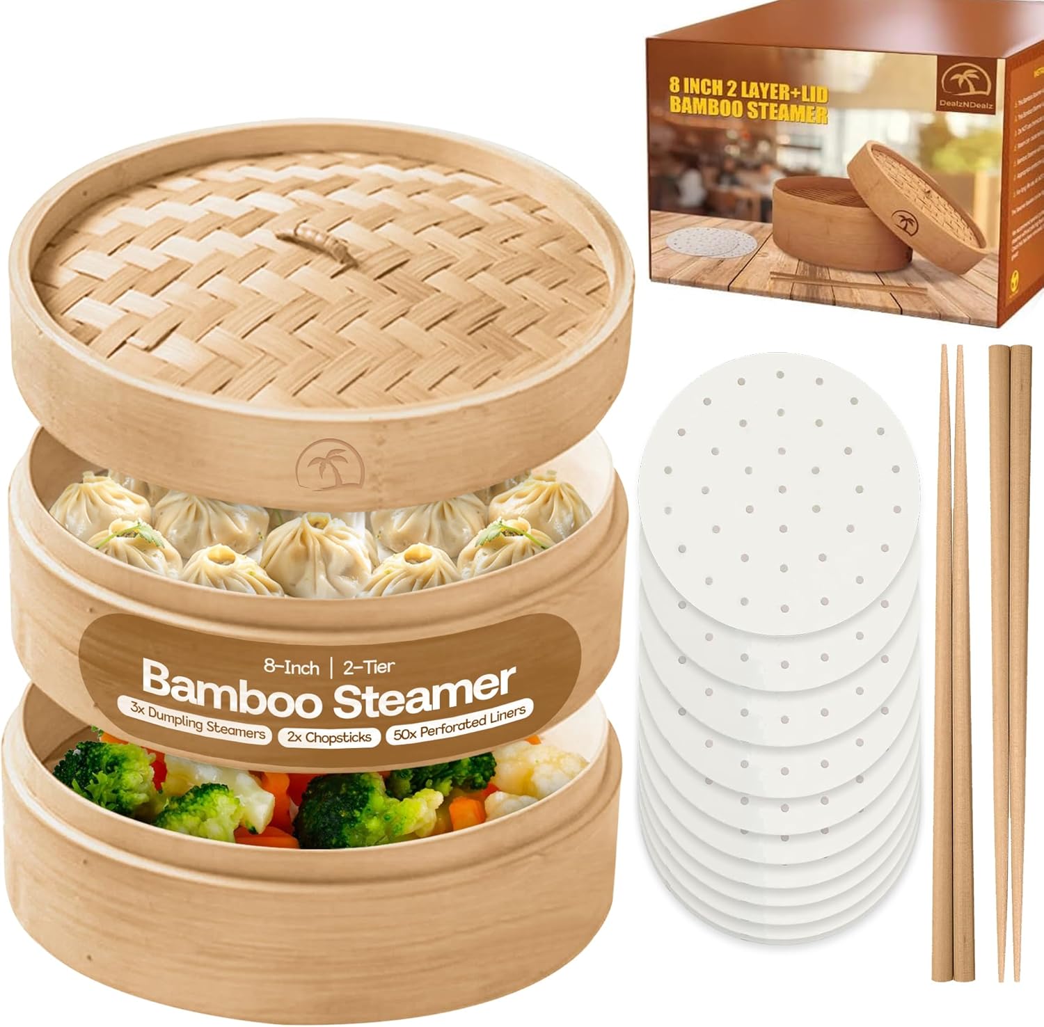 Bamboo Steamer Set with 2 Tiers, 8-inch Basket, Lid, Dumpling Steamer, Chopsticks, Perforated Liners - Easy to Clean for Cooking Rice/Vegetables