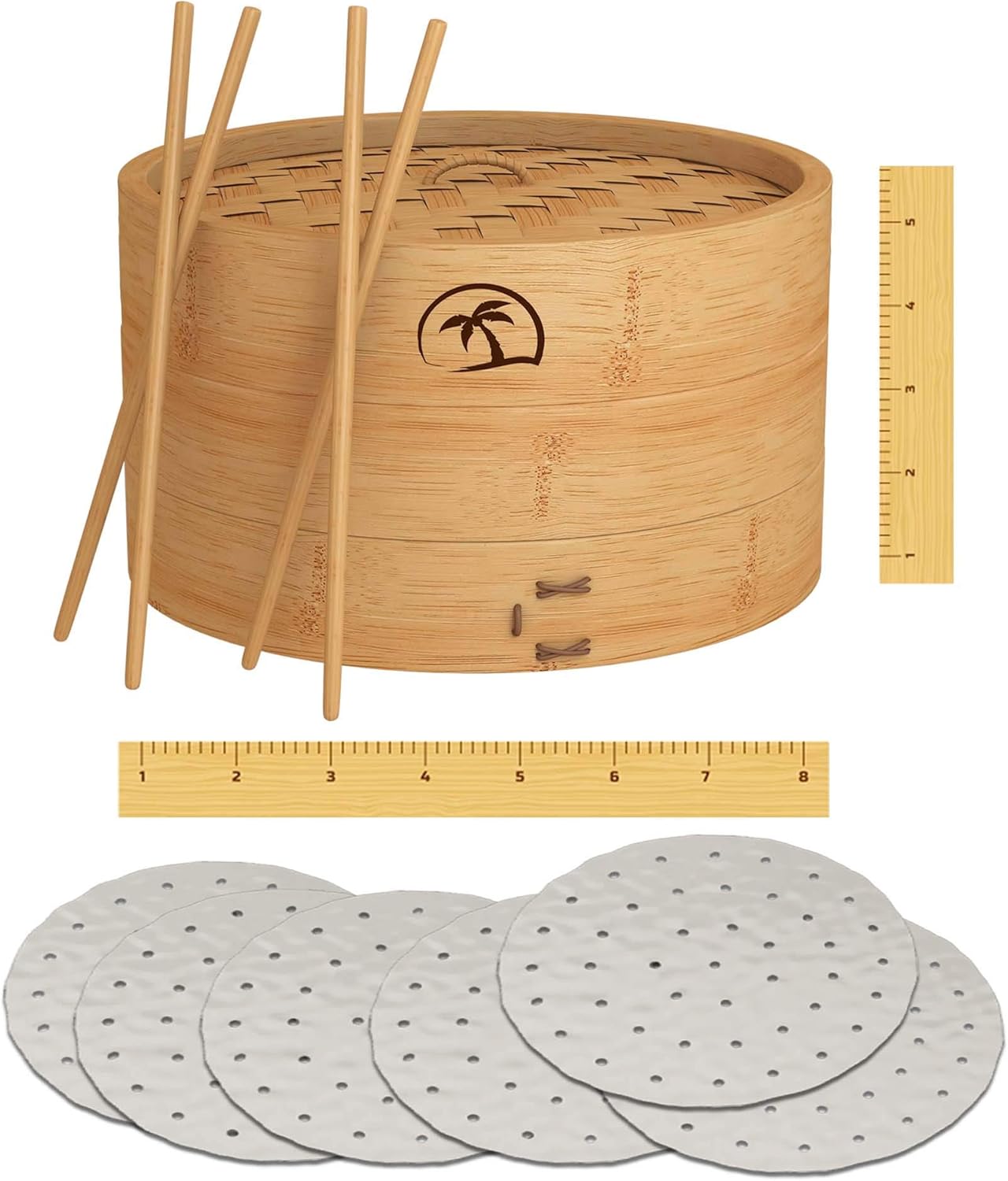 Bamboo Steamer Set with 2 Tiers, 8-inch Basket, Lid, Dumpling Steamer, Chopsticks, Perforated Liners - Easy to Clean for Cooking Rice/Vegetables