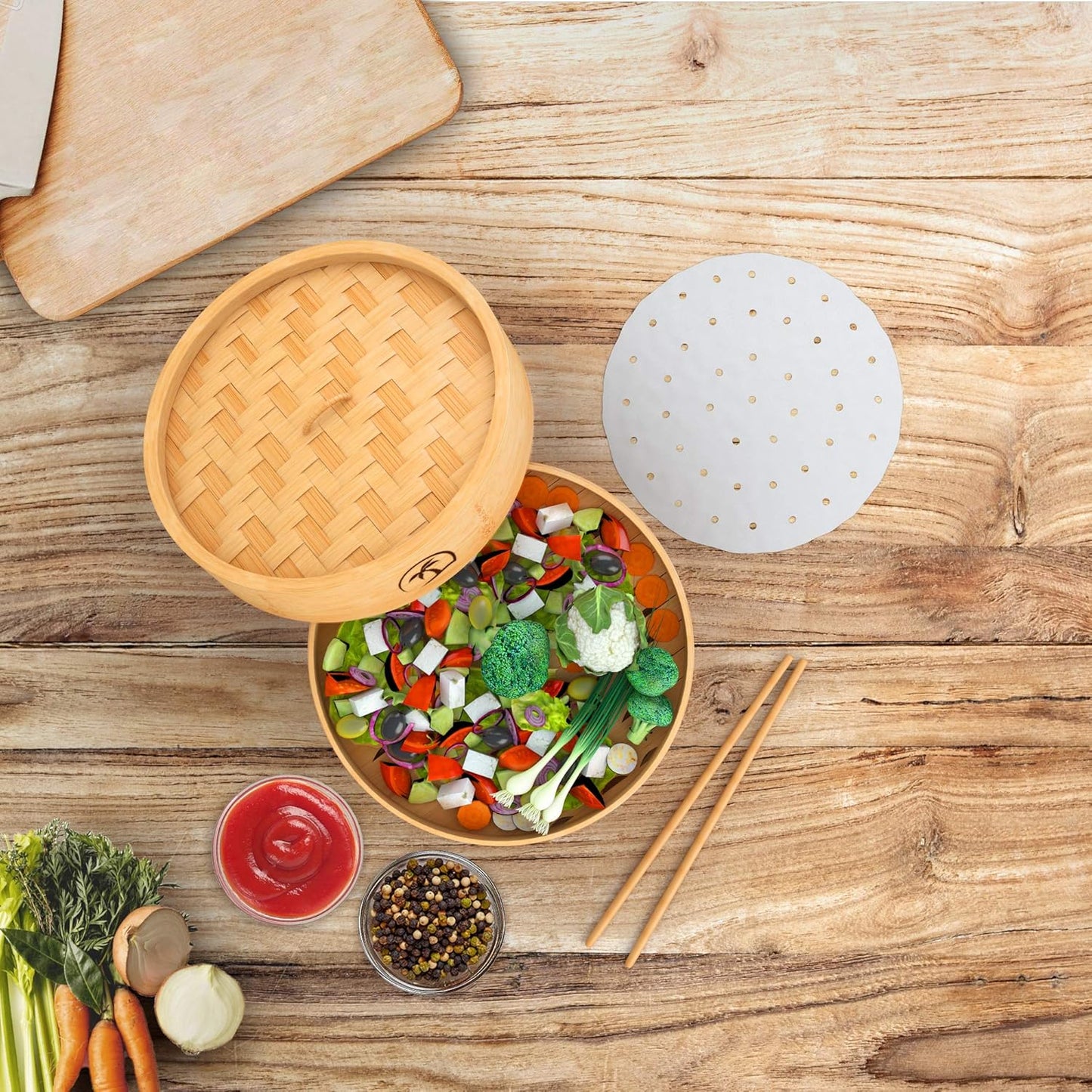 Bamboo Steamer Set with 2 Tiers, 8-inch Basket, Lid, Dumpling Steamer, Chopsticks, Perforated Liners - Easy to Clean for Cooking Rice/Vegetables