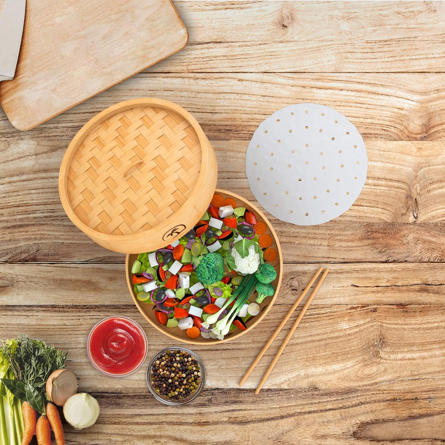 Bamboo Steamer Set with 2 Tiers, 8-inch Basket, Lid, Dumpling Steamer, Chopsticks, Perforated Liners - Easy to Clean for Cooking Rice/Vegetables