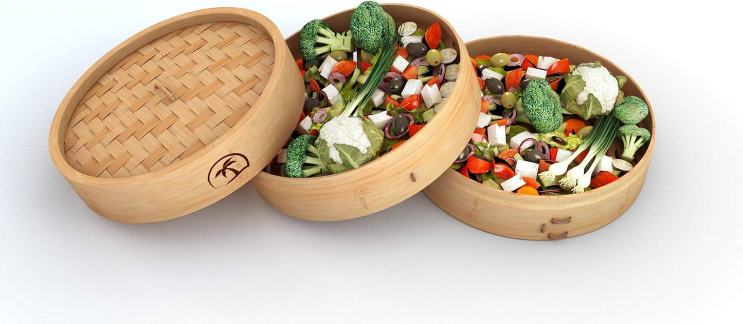 Bamboo Steamer Set with 2 Tiers, 8-inch Basket, Lid, Dumpling Steamer, Chopsticks, Perforated Liners - Easy to Clean for Cooking Rice/Vegetables