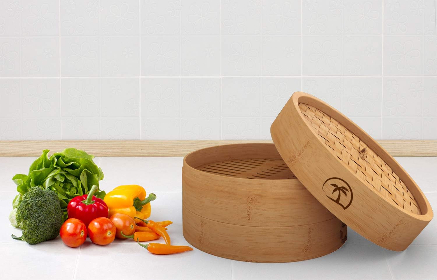 Bamboo Steamer Set with 2 Tiers, 8-inch Basket, Lid, Dumpling Steamer, Chopsticks, Perforated Liners - Easy to Clean for Cooking Rice/Vegetables
