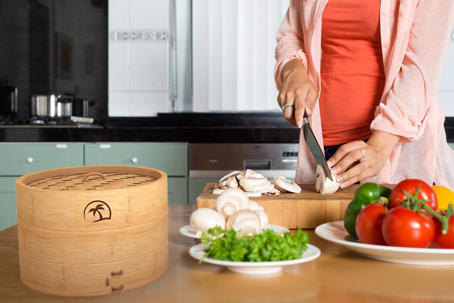 Bamboo Steamer Set with 2 Tiers, 8-inch Basket, Lid, Dumpling Steamer, Chopsticks, Perforated Liners - Easy to Clean for Cooking Rice/Vegetables