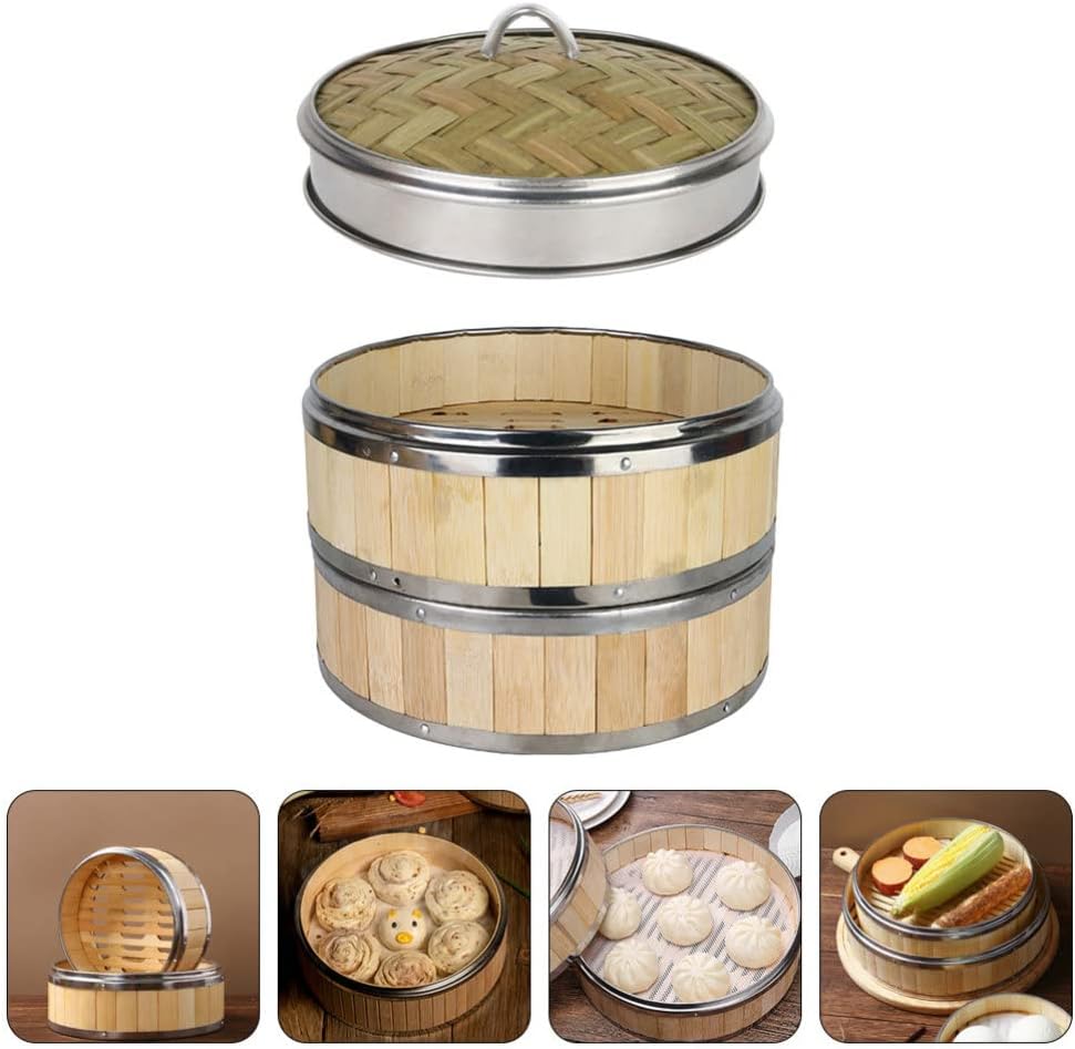 Bamboo Vegetable Steamer Pot Set with Lidded Basket for Kitchen Cooking