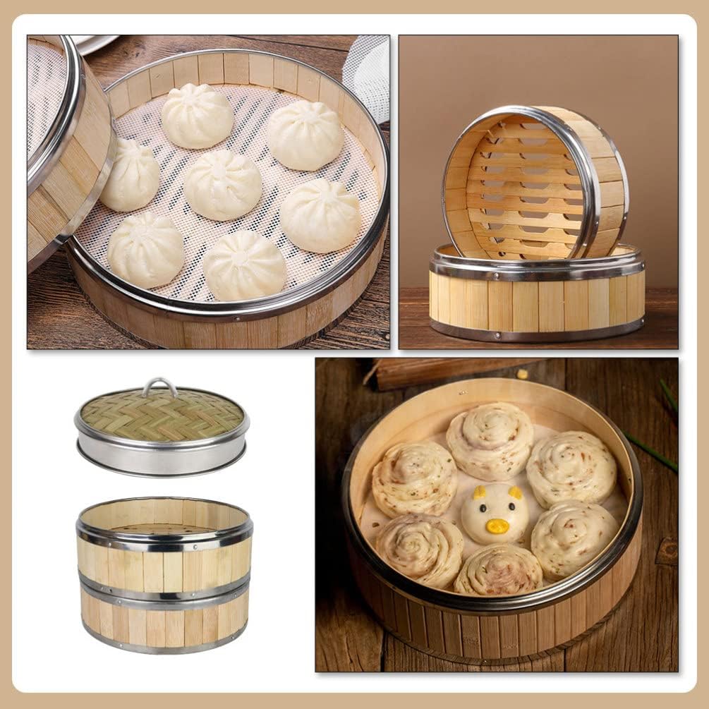 Bamboo Vegetable Steamer Pot Set with Lidded Basket for Kitchen Cooking