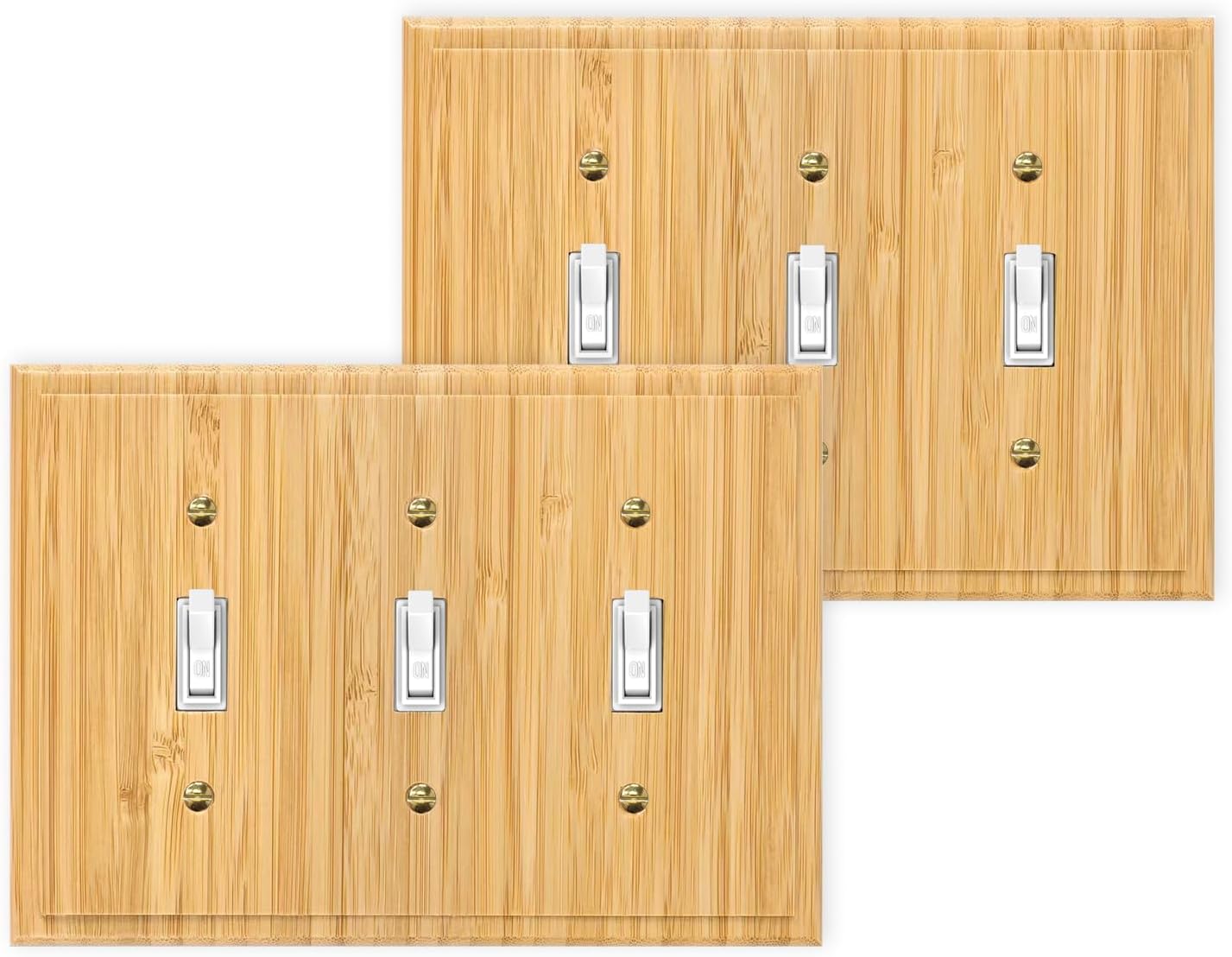 Bamboo Wood Triple Toggle Light Switch Plate Cover Set - 2PC 4.8" X 6.8" Decorative Raw Wooden Wall Plate - Quality Alckerou Switch Plate Covers