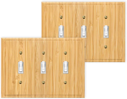 Bamboo Wood Triple Toggle Light Switch Plate Cover Set - 2PC 4.8" X 6.8" Decorative Raw Wooden Wall Plate - Quality Alckerou Switch Plate Covers