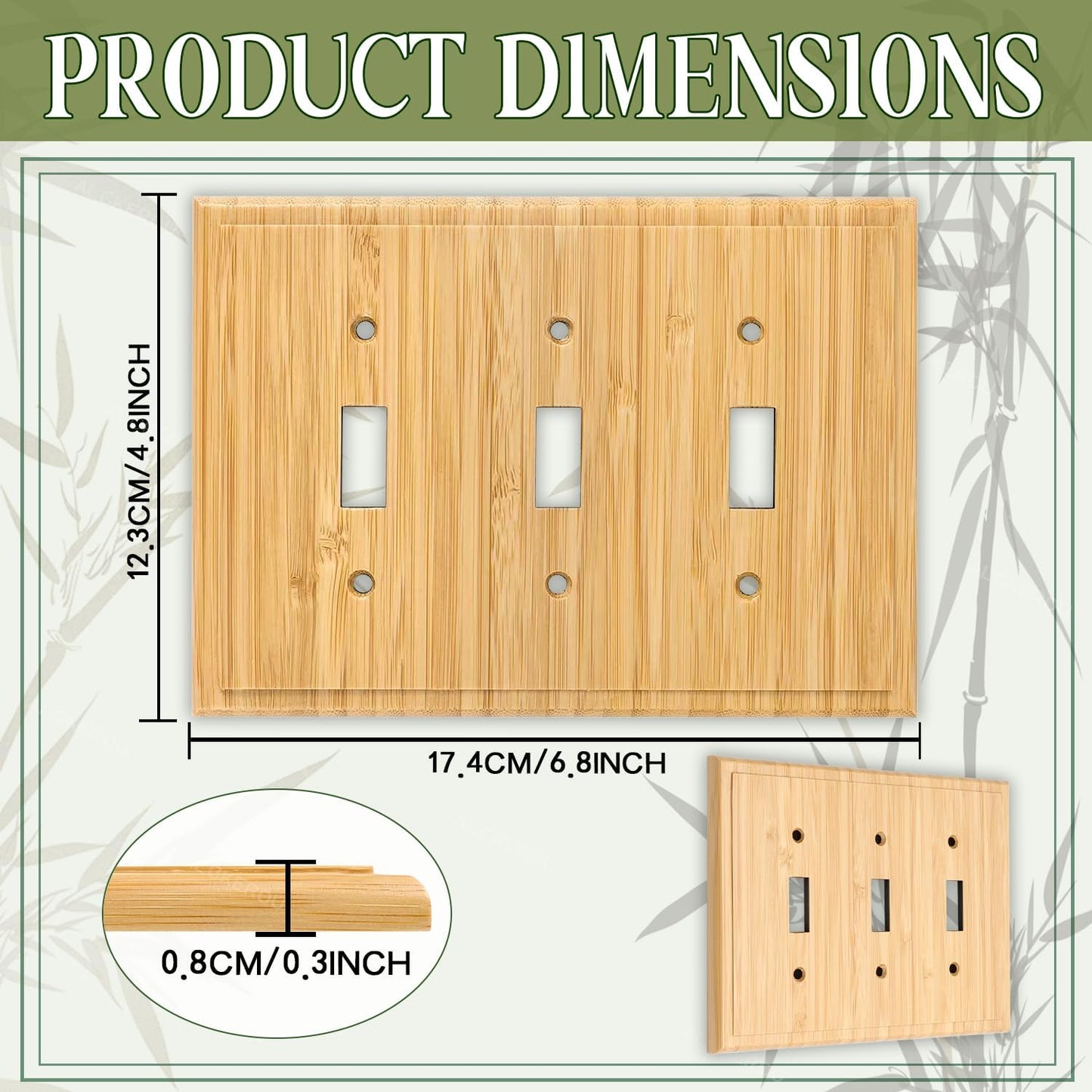 Bamboo Wood Triple Toggle Light Switch Plate Cover Set - 2PC 4.8" X 6.8" Decorative Raw Wooden Wall Plate - Quality Alckerou Switch Plate Covers