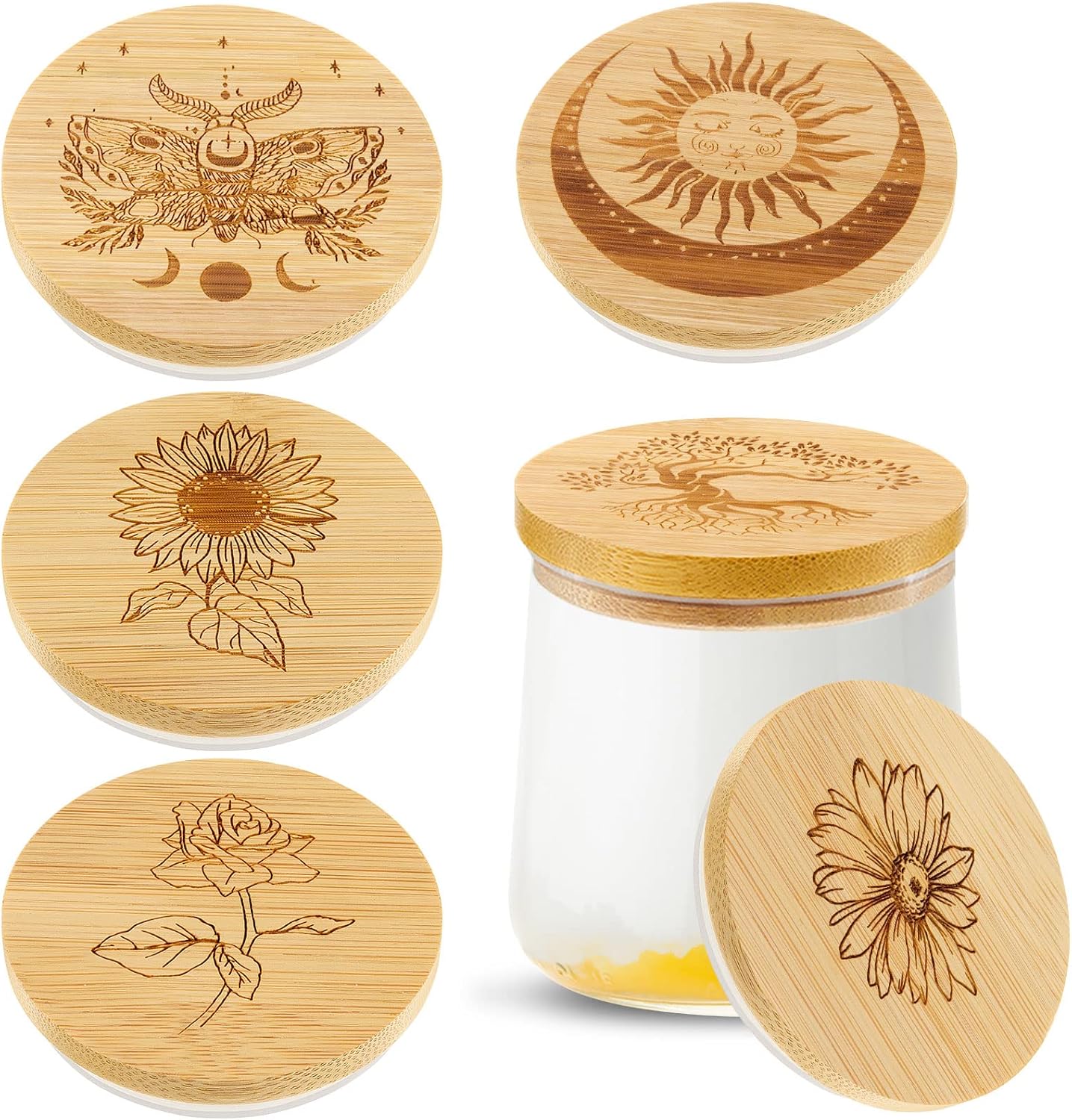 Bamboo Wood Yogurt Jar Lids Set with Silicone Sealing Rings - 6 Pack with Various Patterns for Oui Glass Jars - Reusable and Compatible