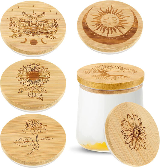Bamboo Wood Yogurt Jar Lids Set with Silicone Sealing Rings - 6 Pack with Various Patterns for Oui Glass Jars - Reusable and Compatible