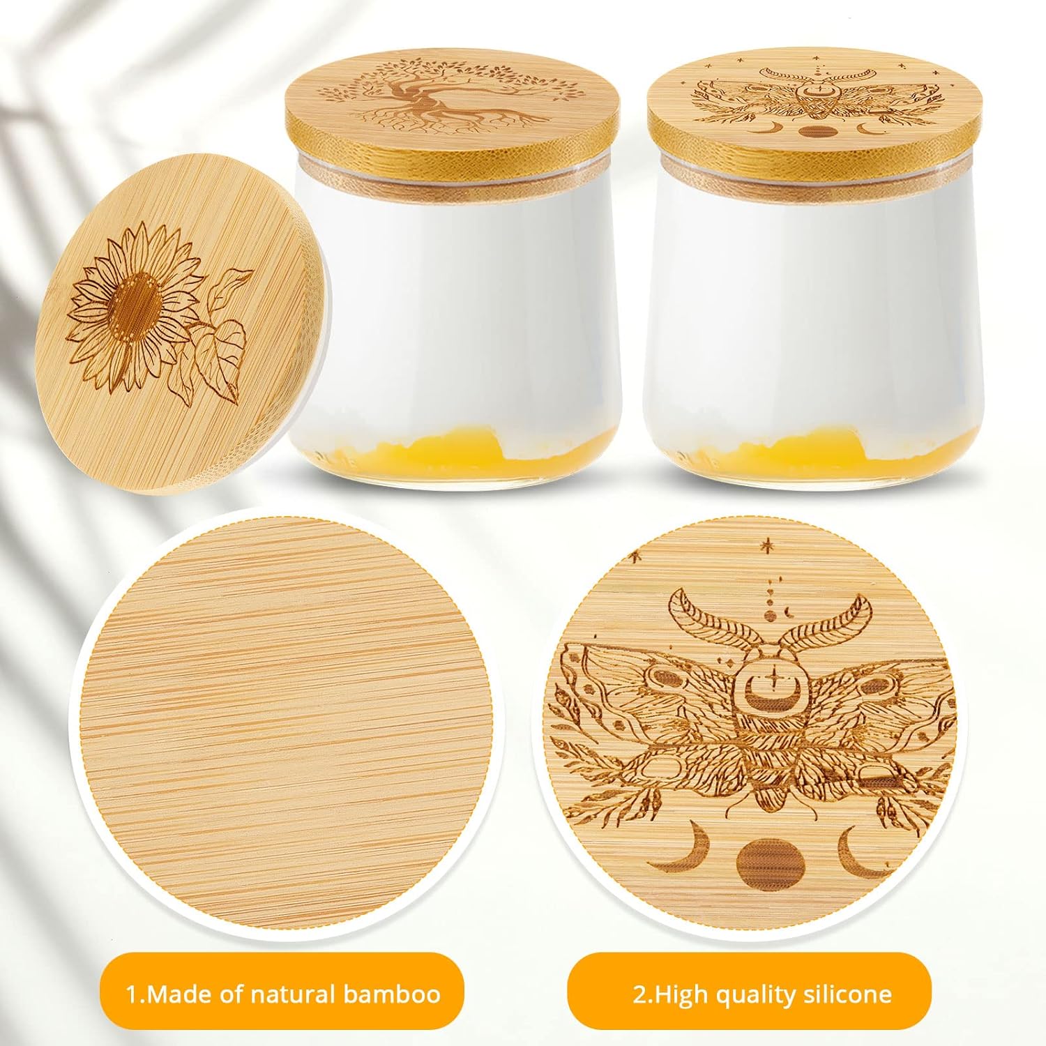 Bamboo Wood Yogurt Jar Lids Set with Silicone Sealing Rings - 6 Pack with Various Patterns for Oui Glass Jars - Reusable and Compatible
