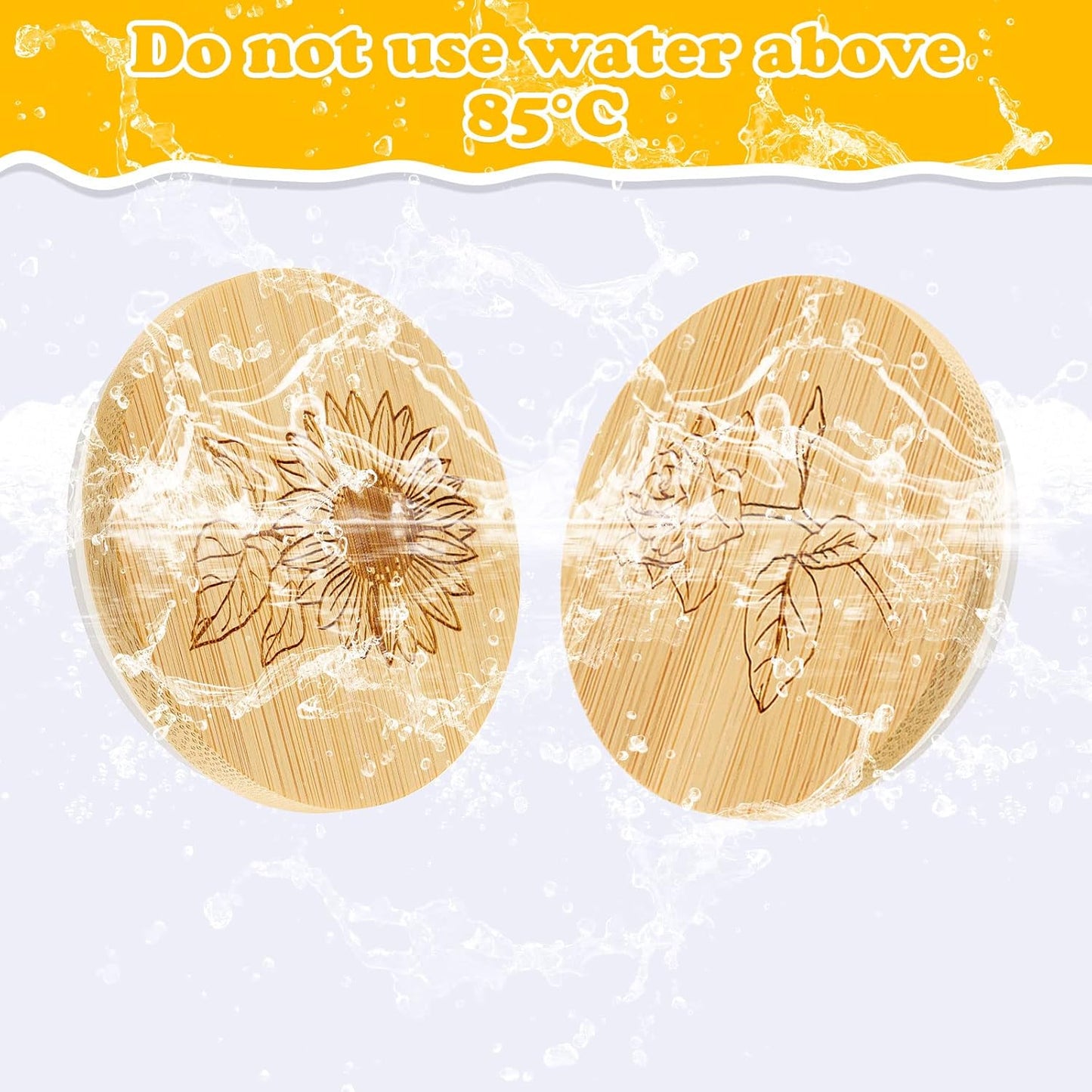 Bamboo Wood Yogurt Jar Lids Set with Silicone Sealing Rings - 6 Pack with Various Patterns for Oui Glass Jars - Reusable and Compatible